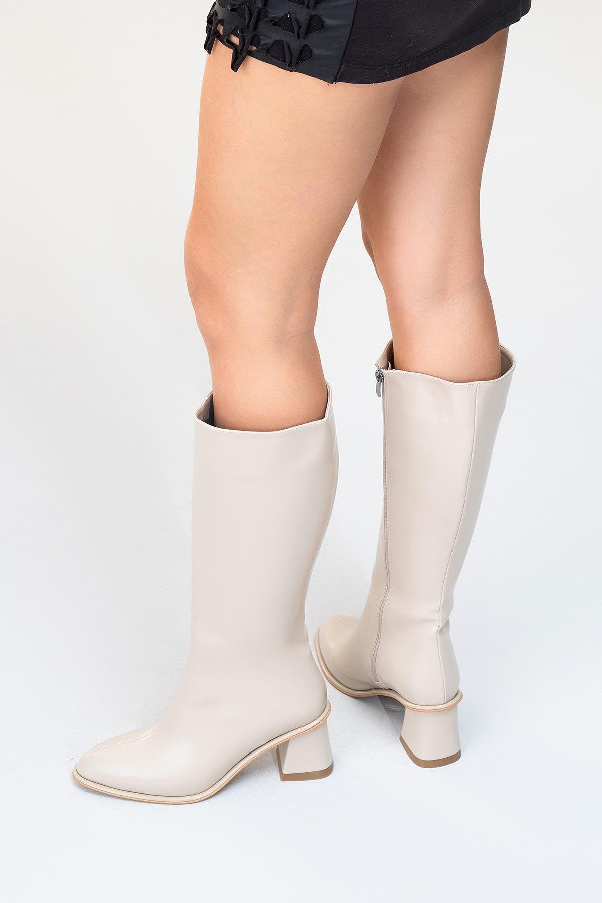 Paradis - Beige Block Heel Knee-High Boot – pair view showing leather, Vowalisse