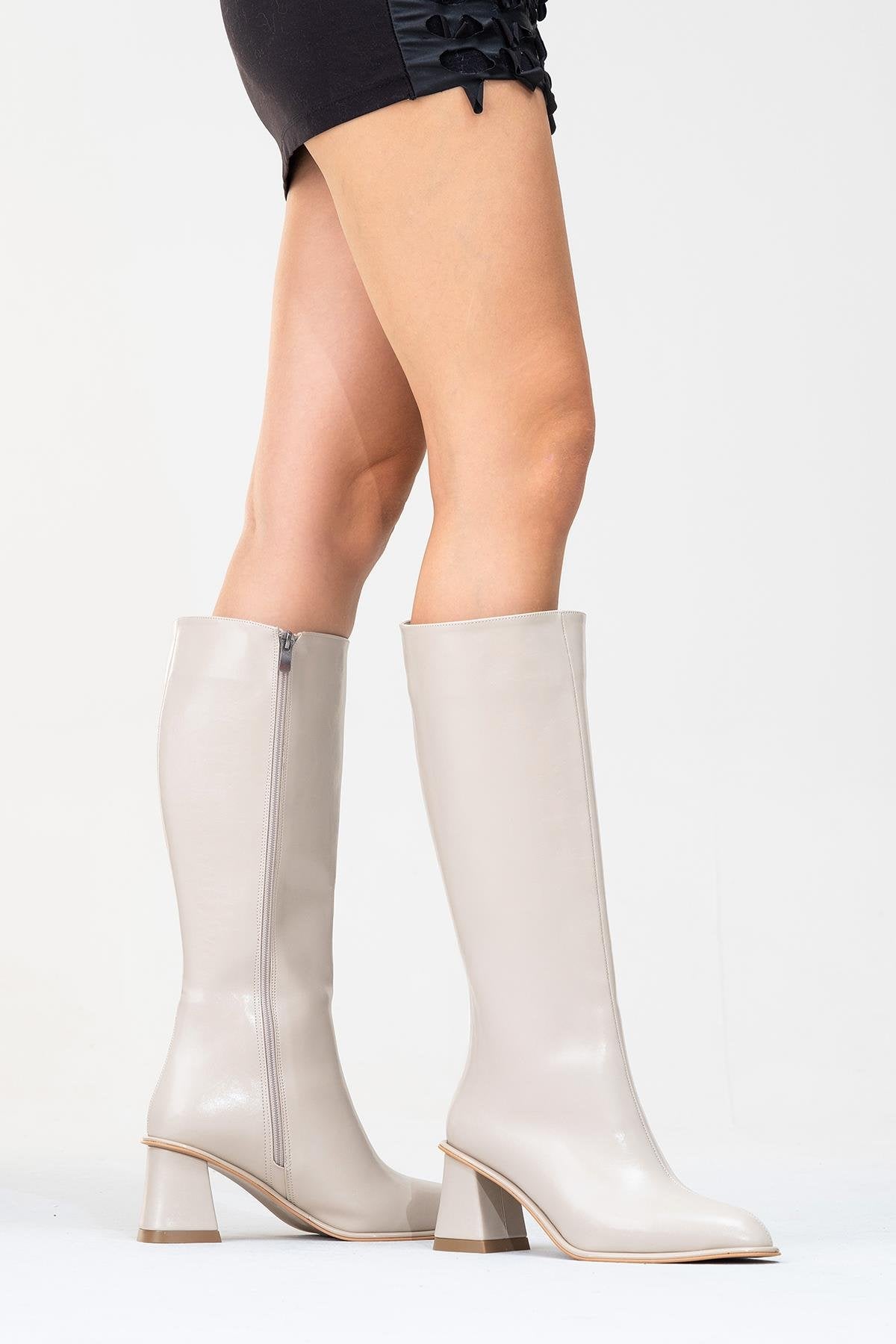 Paradis - Beige Block Heel Knee-High Boot – product view 9 showing leather, Vowalisse