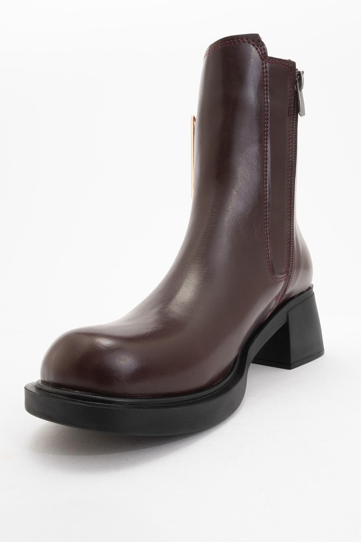 Moriah - Burgundy Buckle Elastic Side-Zip Block Heel Boot – heel view showing leather, Vowalisse