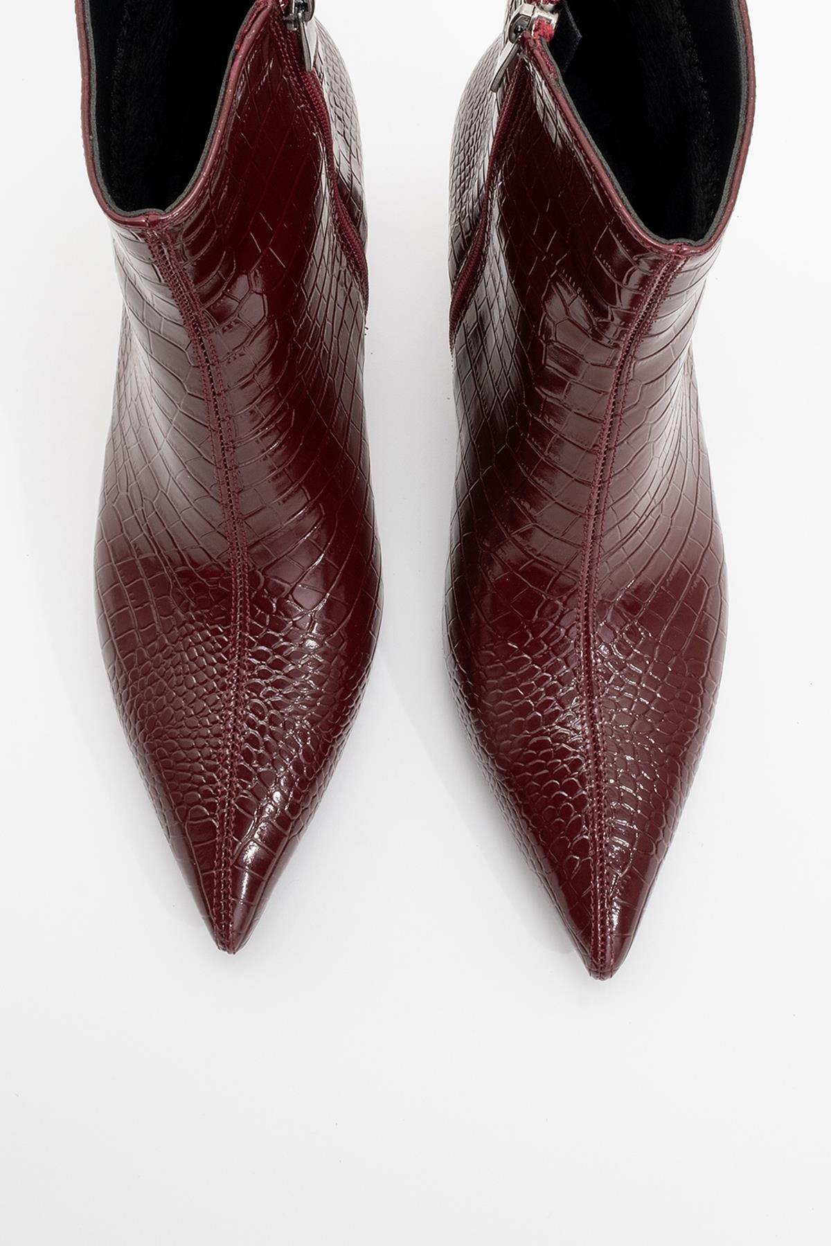 Noya Burgundy Pattern Stiletto Boot – side view showing leather, Vowalisse