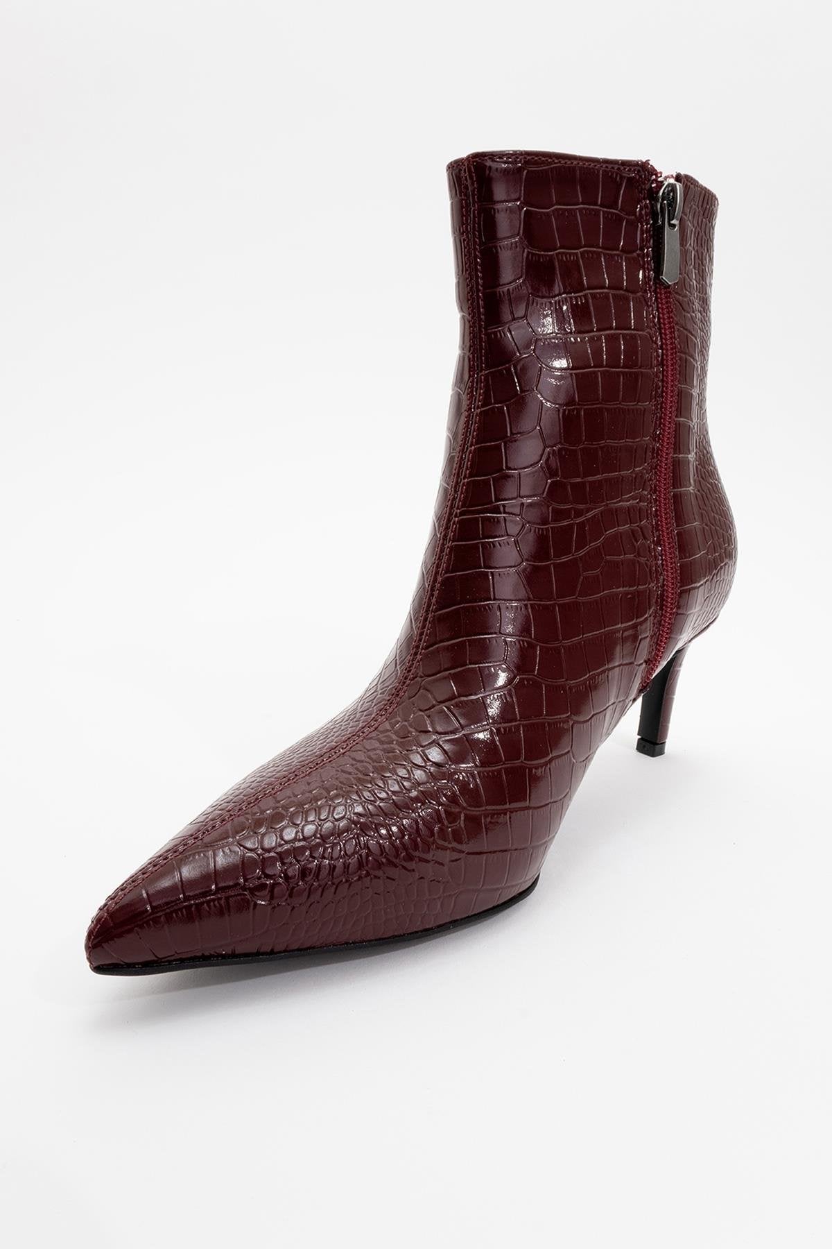 Noya Burgundy Pattern Stiletto Boot – detail view showing leather, Vowalisse