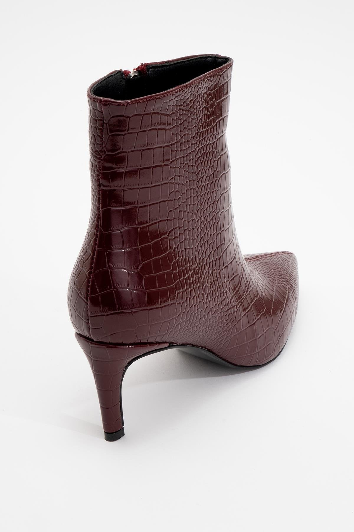 Noya Burgundy Pattern Stiletto Boot – heel view showing leather, Vowalisse