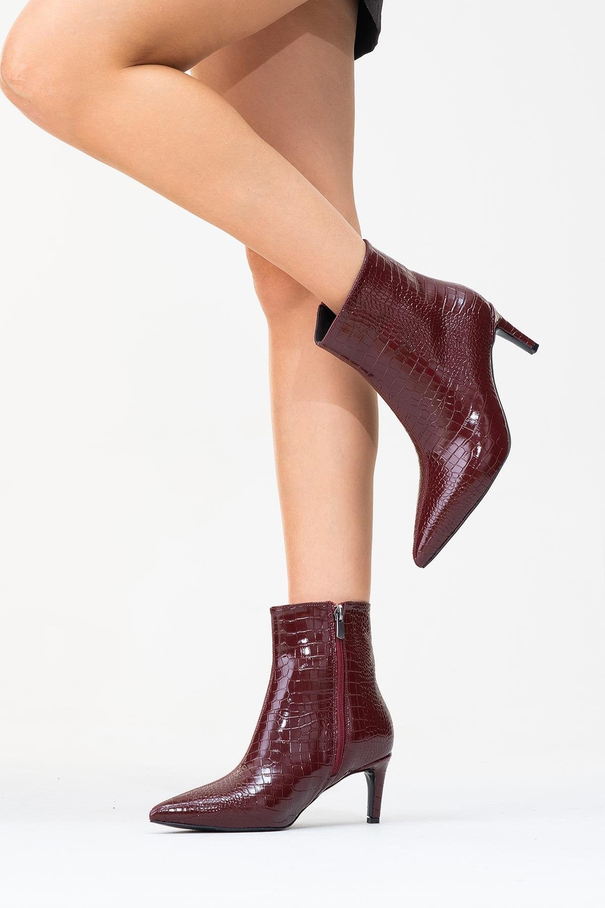 Noya Burgundy Pattern Stiletto Boot – top view showing leather, Vowalisse