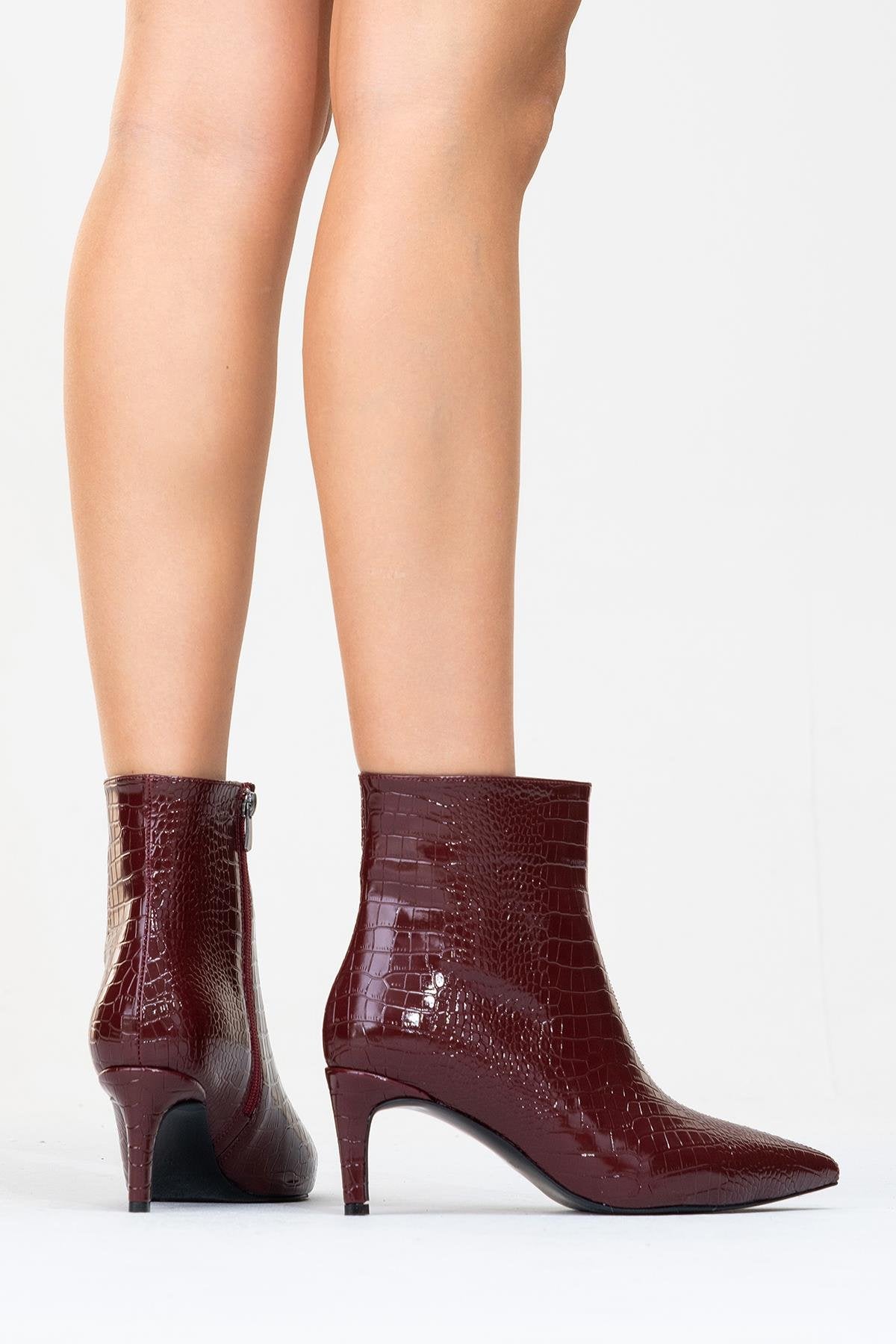 Noya Burgundy Pattern Stiletto Boot – sole view showing leather, Vowalisse