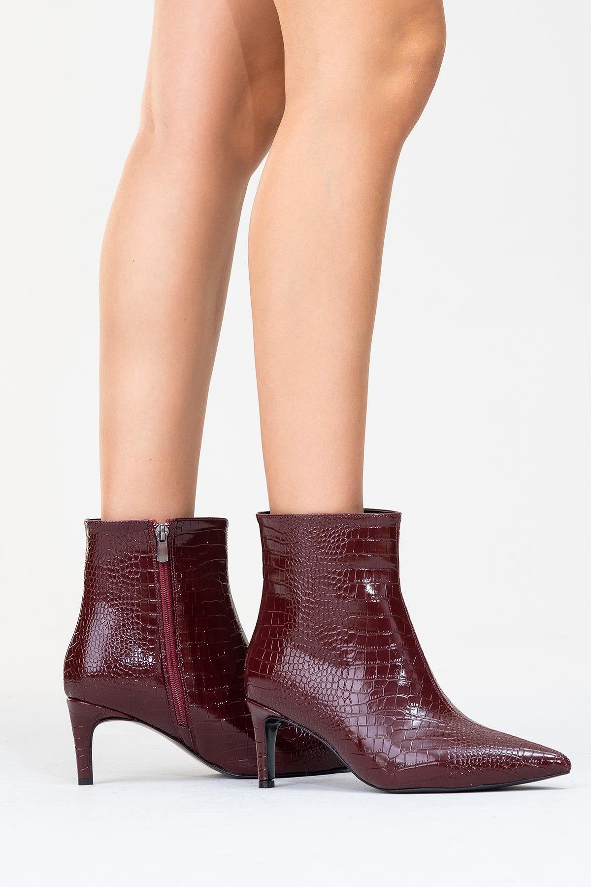 Noya Burgundy Pattern Stiletto Boot – pair view showing leather, Vowalisse