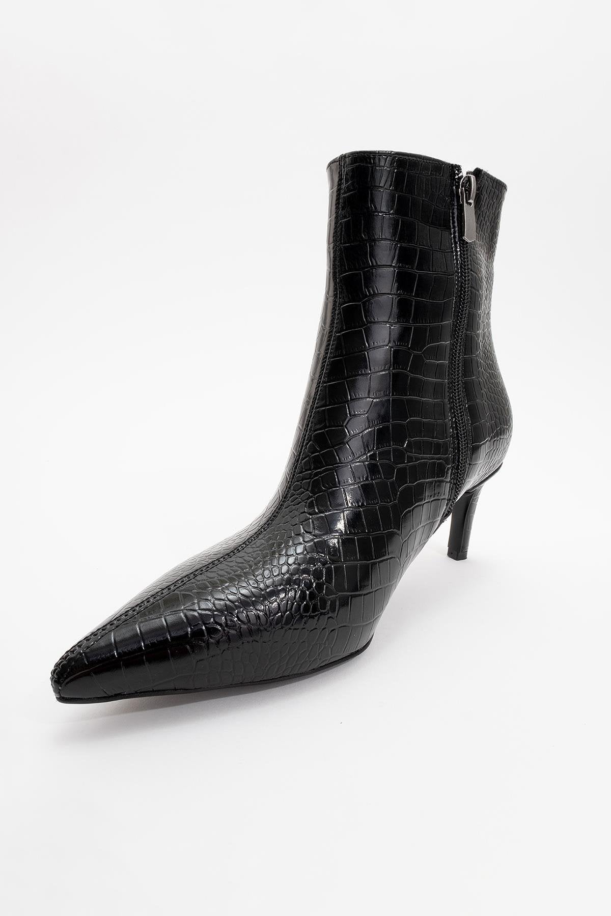 Noya Black Pattern Stiletto Boot – detail view showing leather, black, Vowalisse