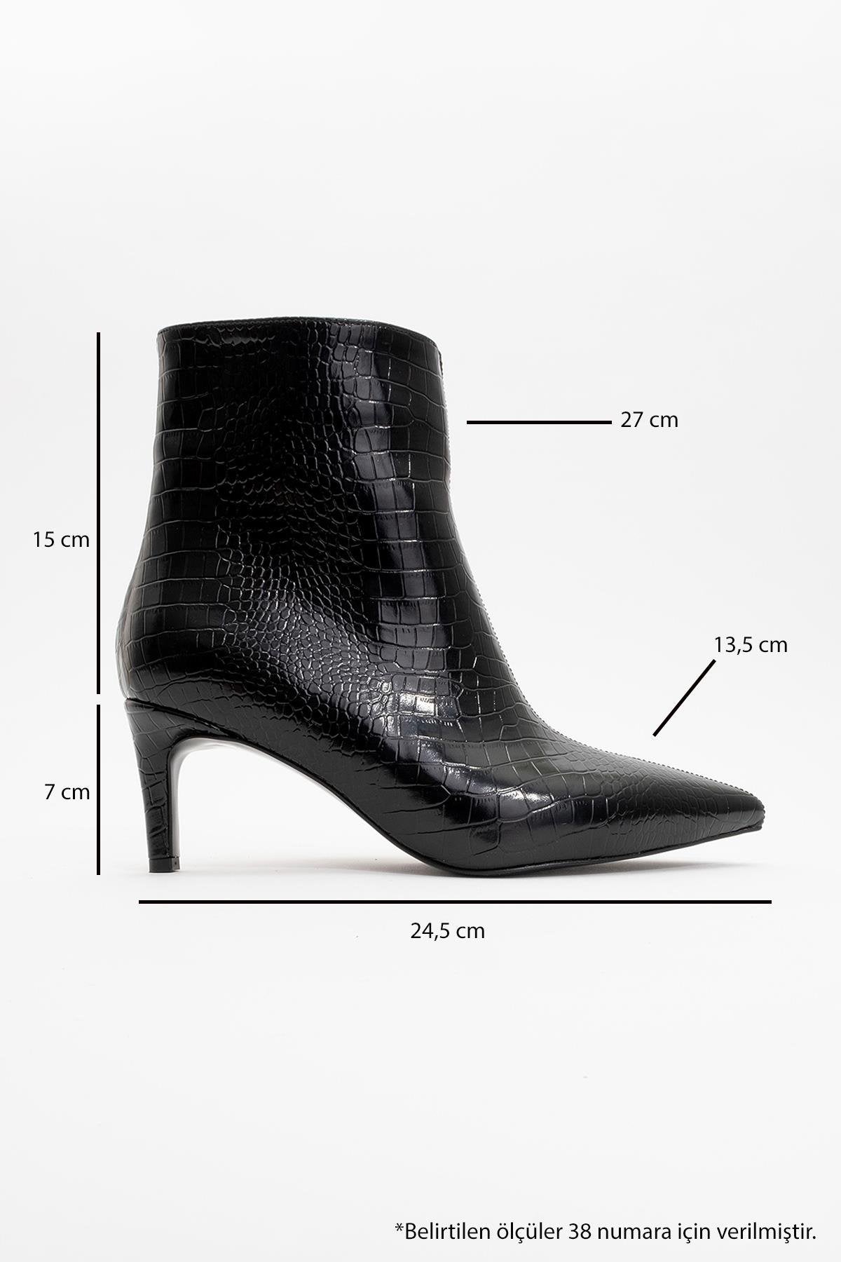 Noya Black Pattern Stiletto Boot – back view showing leather, black, Vowalisse
