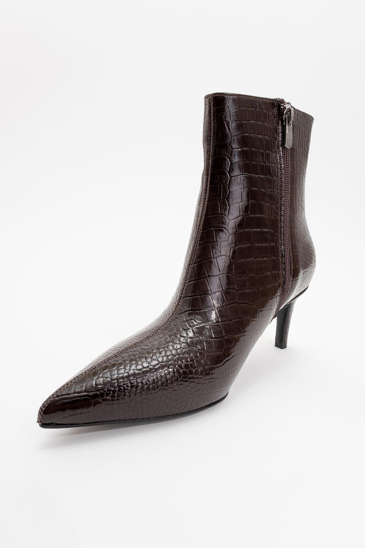 Noya Brown Pattern Stiletto Boot – detail view showing leather, Vowalisse