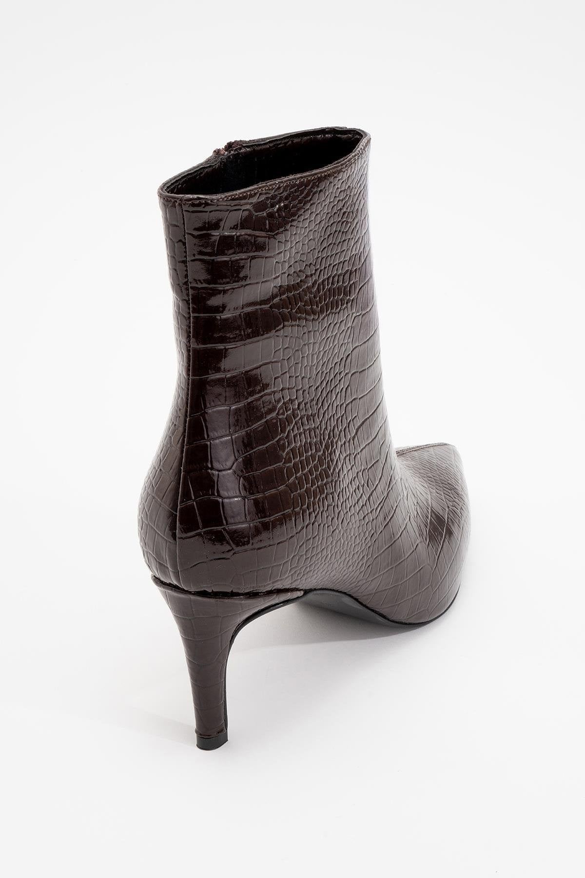 Noya Brown Pattern Stiletto Boot – heel view showing leather, Vowalisse
