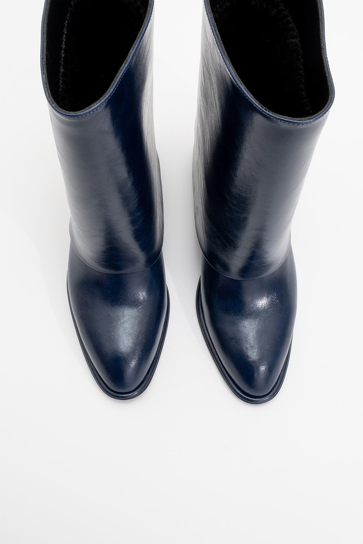 Ellas Navy Chunky Heel Boot – side view showing leather, red, Vowalisse