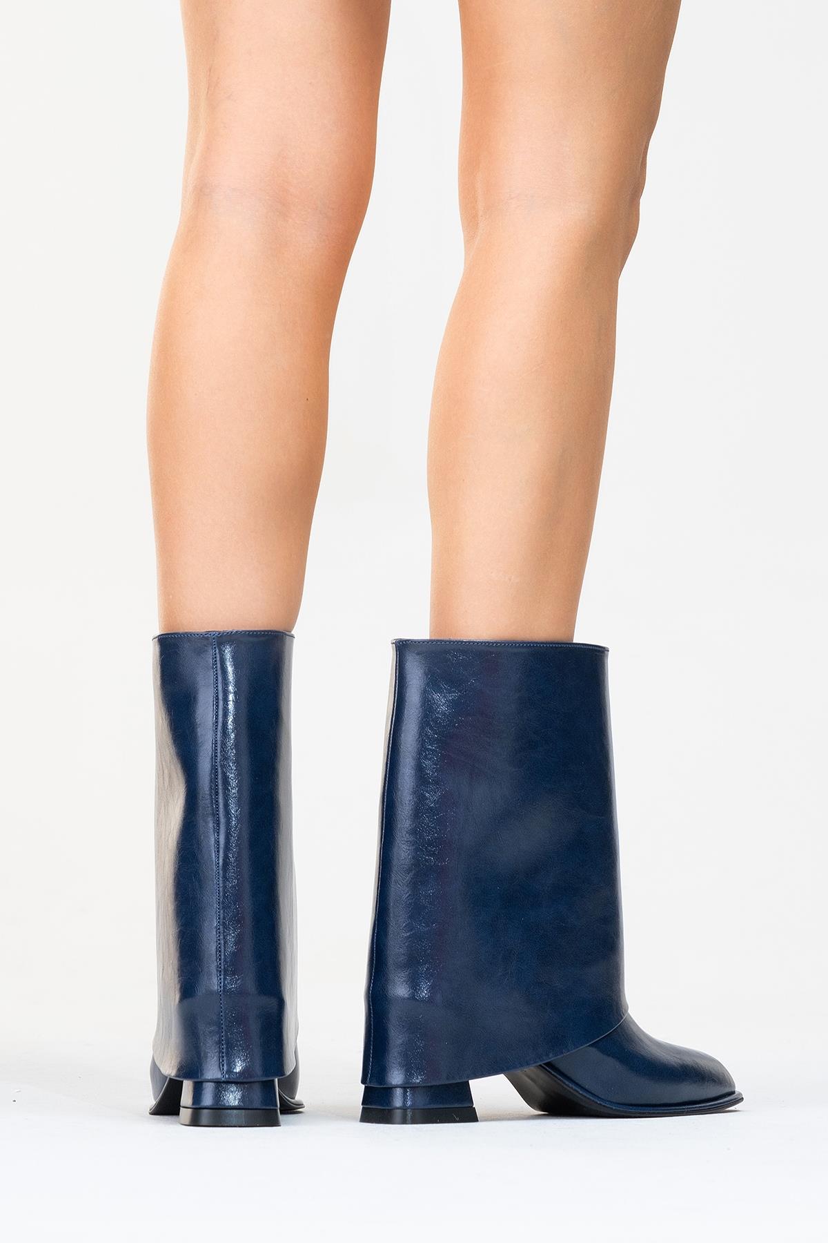 Ellas Navy Chunky Heel Boot – pair view showing leather, red, Vowalisse