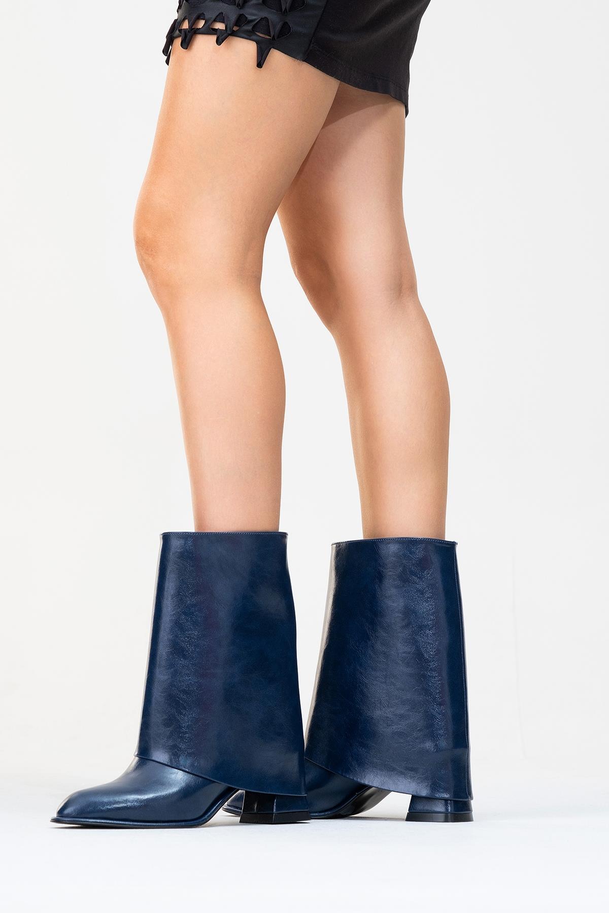 Ellas Navy Chunky Heel Boot – product view 9 showing leather, red, Vowalisse
