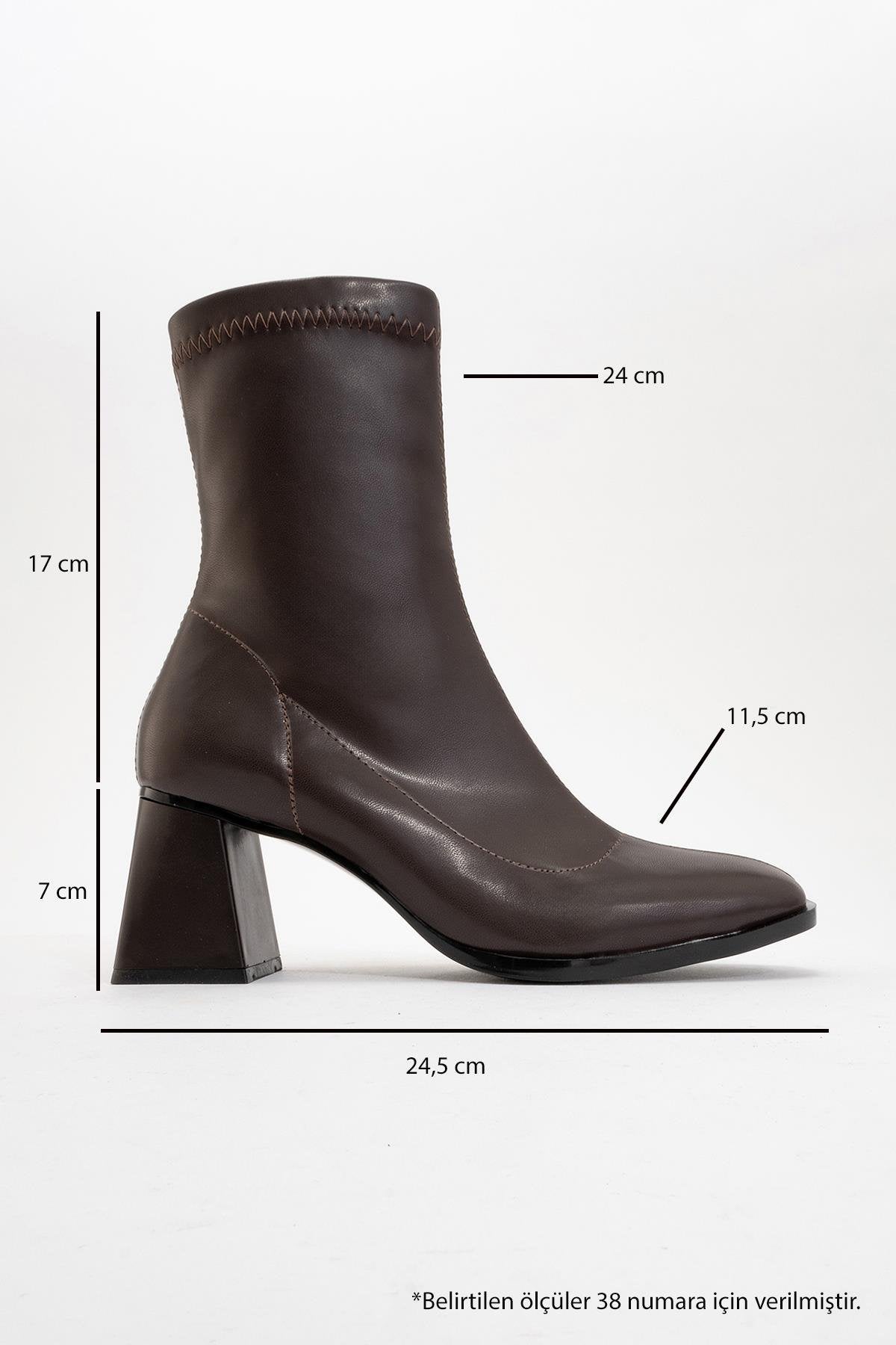 Plesa Dark Brown Chunky Heel Boot – heel view showing leather, red, Vowalisse