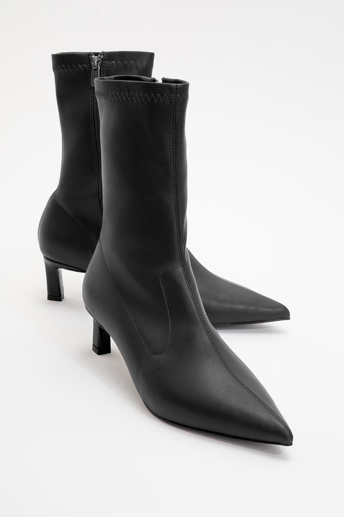 Lewin Black Pointed Toe Stiletto Boot – front three-quarter view showing leather, black, red, Vowalisse
