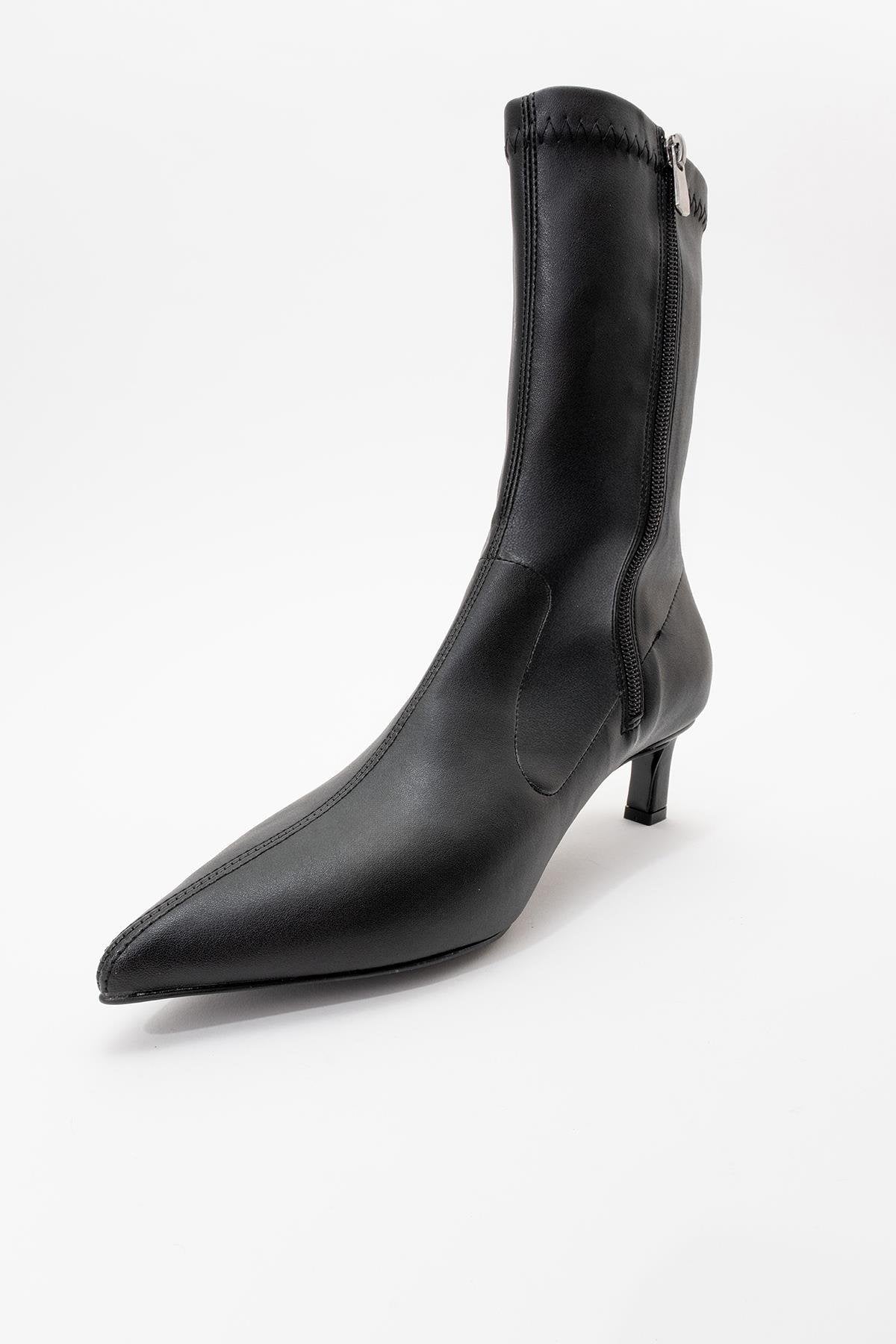 Lewin Black Pointed Toe Stiletto Boot – detail view showing leather, black, red, Vowalisse