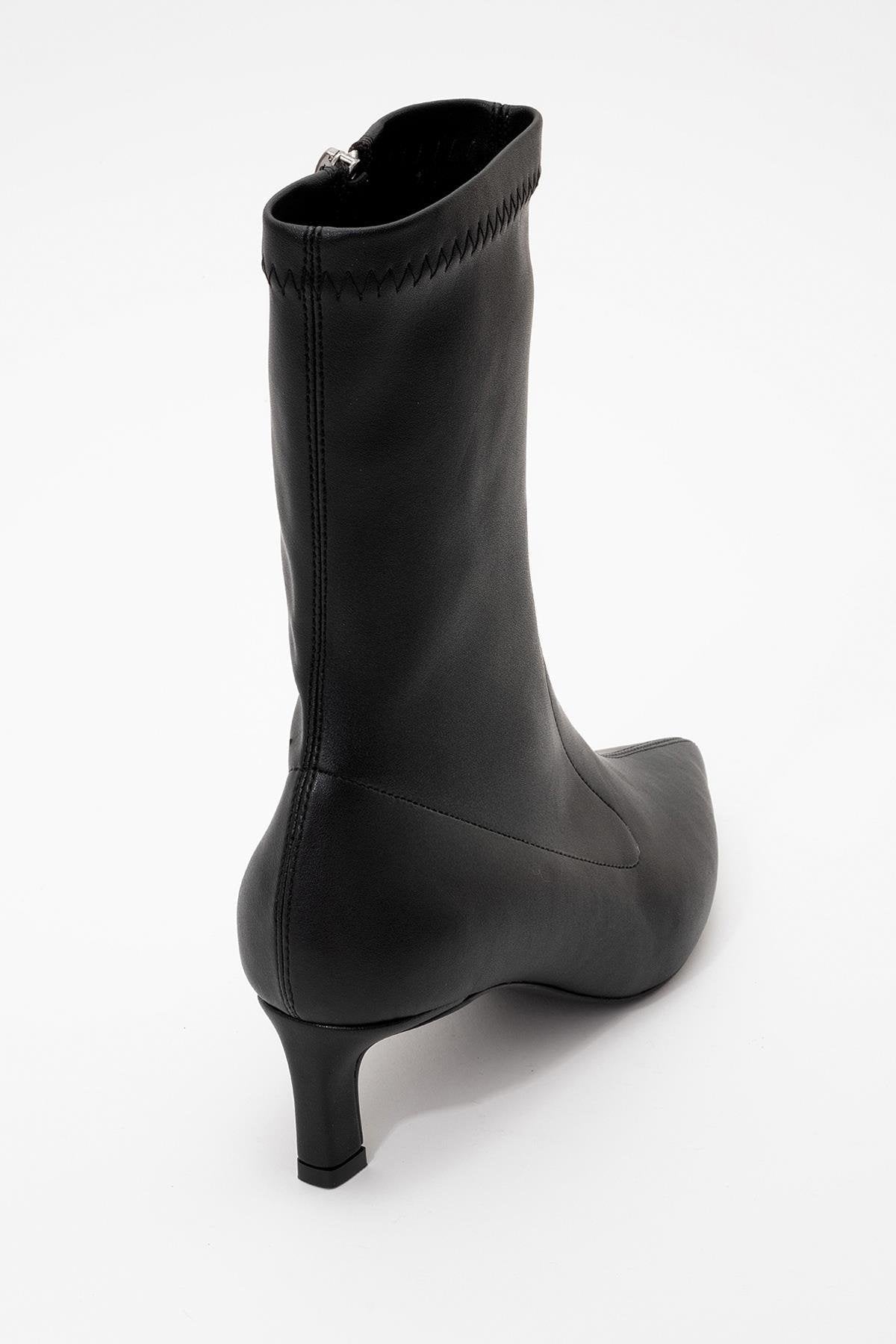 Lewin Black Pointed Toe Stiletto Boot – heel view showing leather, black, red, Vowalisse