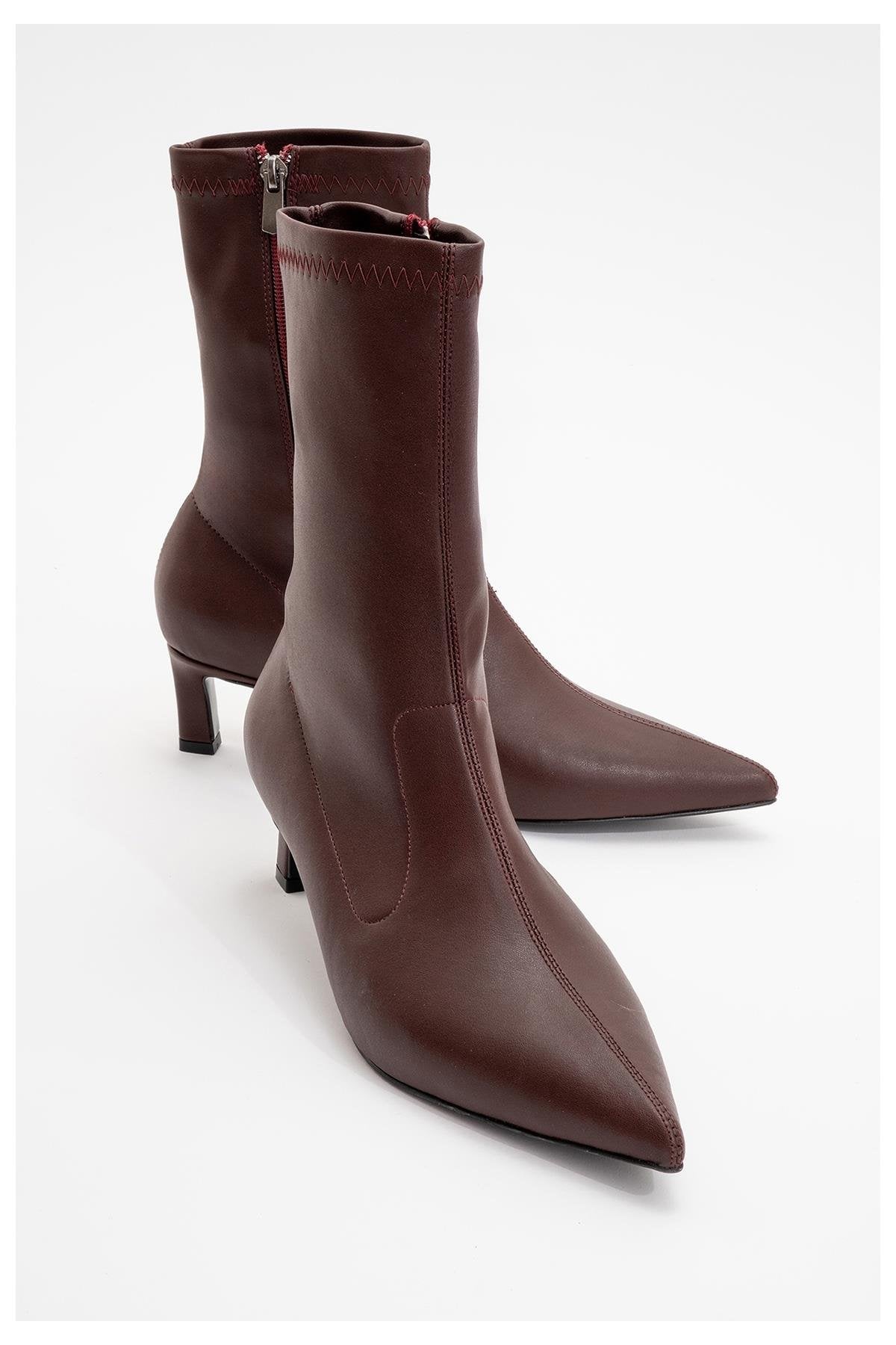 Lewin Burgundy Pointed Toe Stiletto Boot – front three-quarter view showing leather, red, Vowalisse