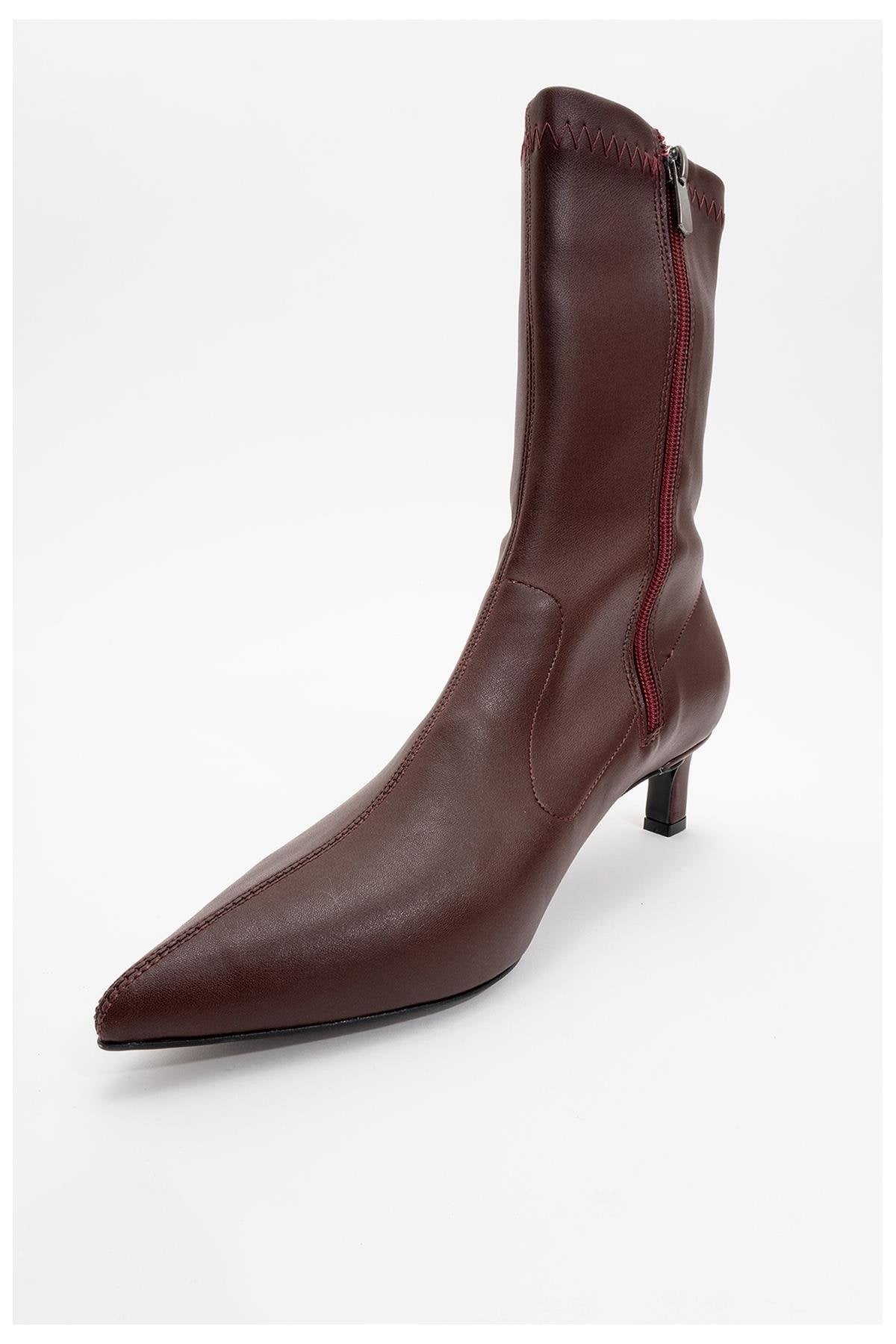 Lewin Burgundy Pointed Toe Stiletto Boot – heel view showing leather, red, Vowalisse