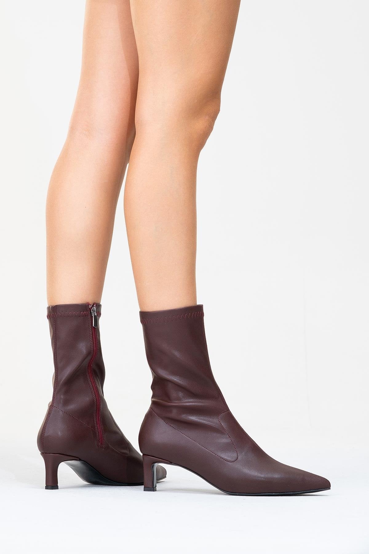 Lewin Burgundy Pointed Toe Stiletto Boot – sole view showing leather, red, Vowalisse
