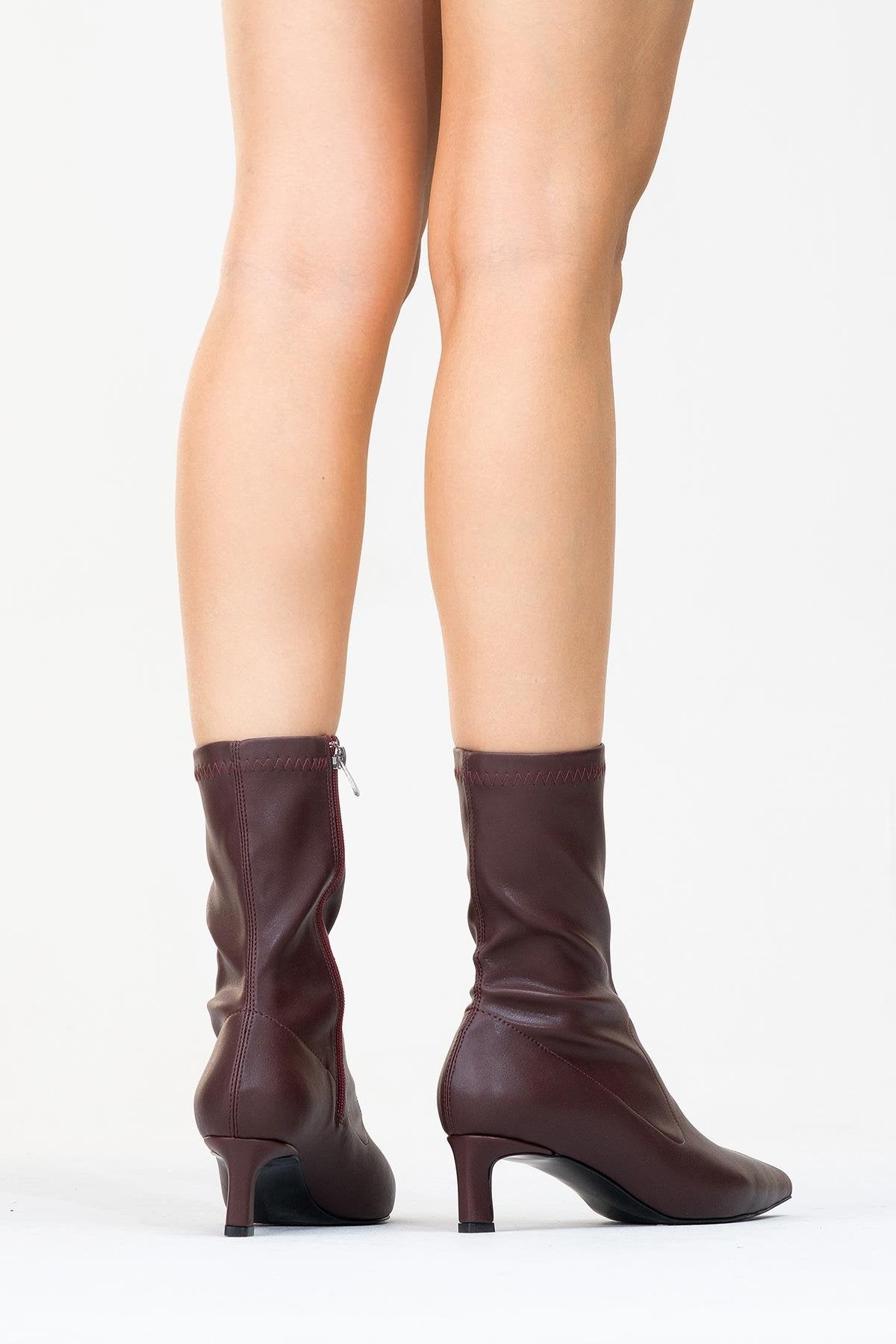 Lewin Burgundy Pointed Toe Stiletto Boot – pair view showing leather, red, Vowalisse