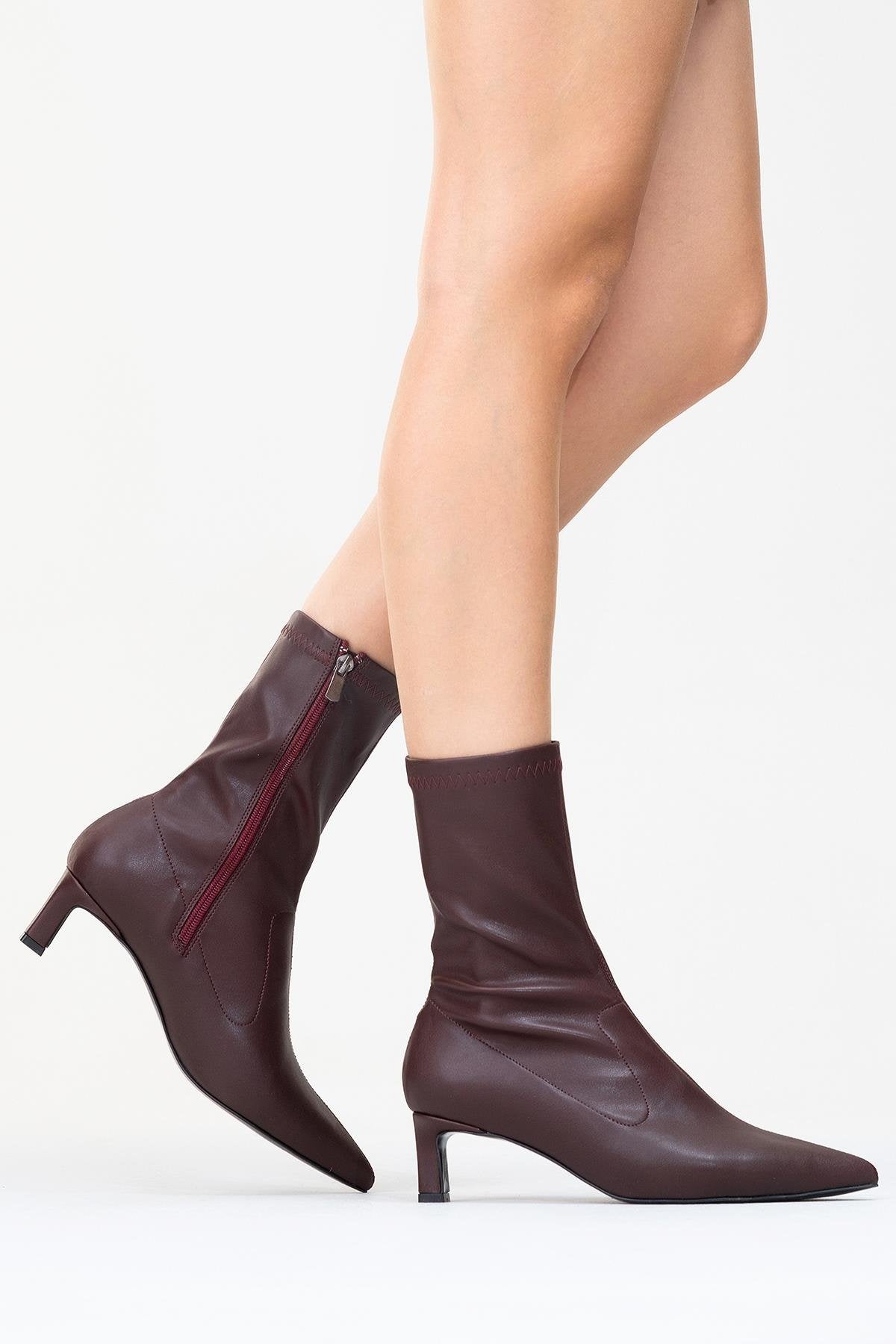 Lewin Burgundy Pointed Toe Stiletto Boot – product view 9 showing leather, red, Vowalisse