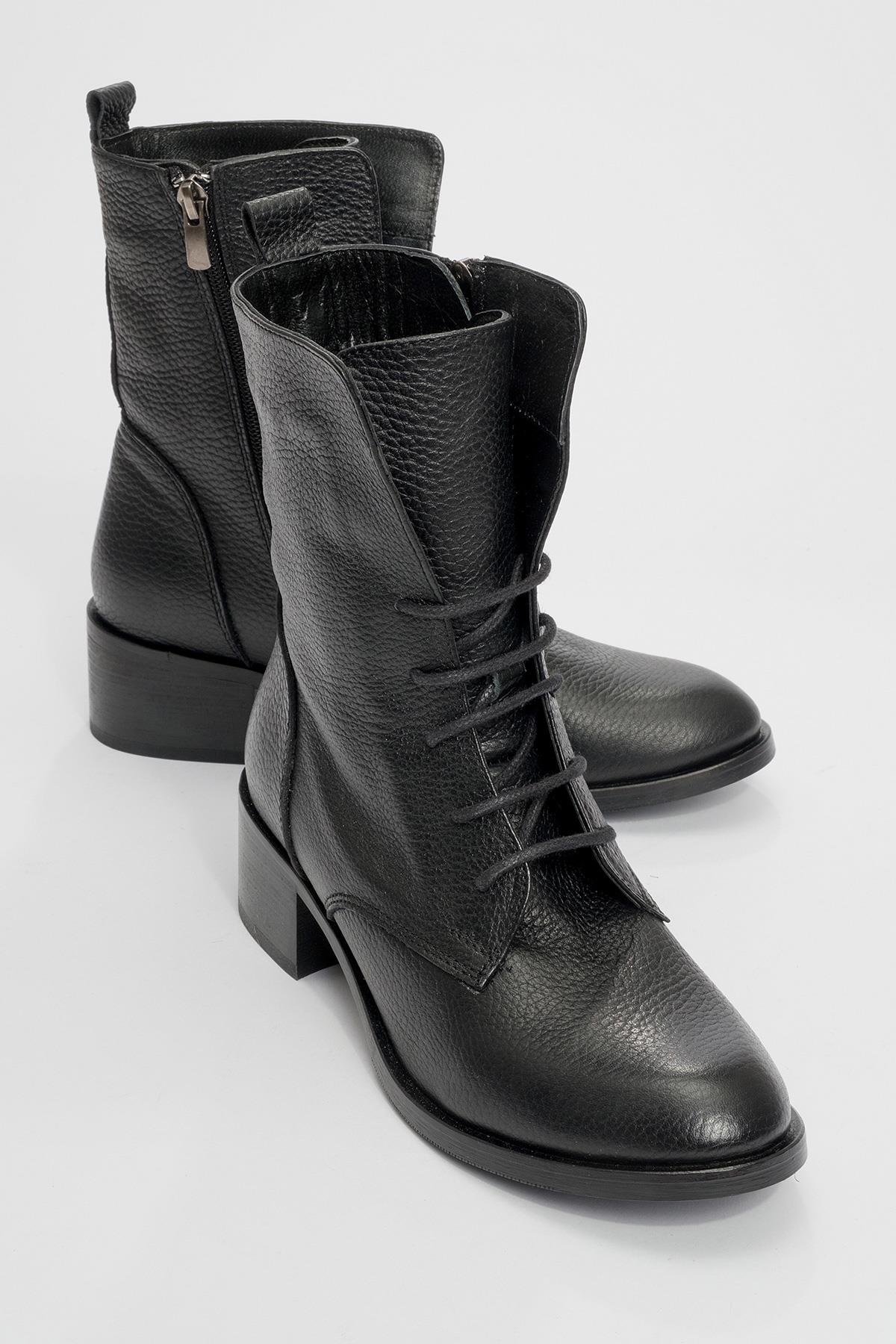 Lana Black Leather Boot – front three-quarter view showing leather, black, Vowalisse
