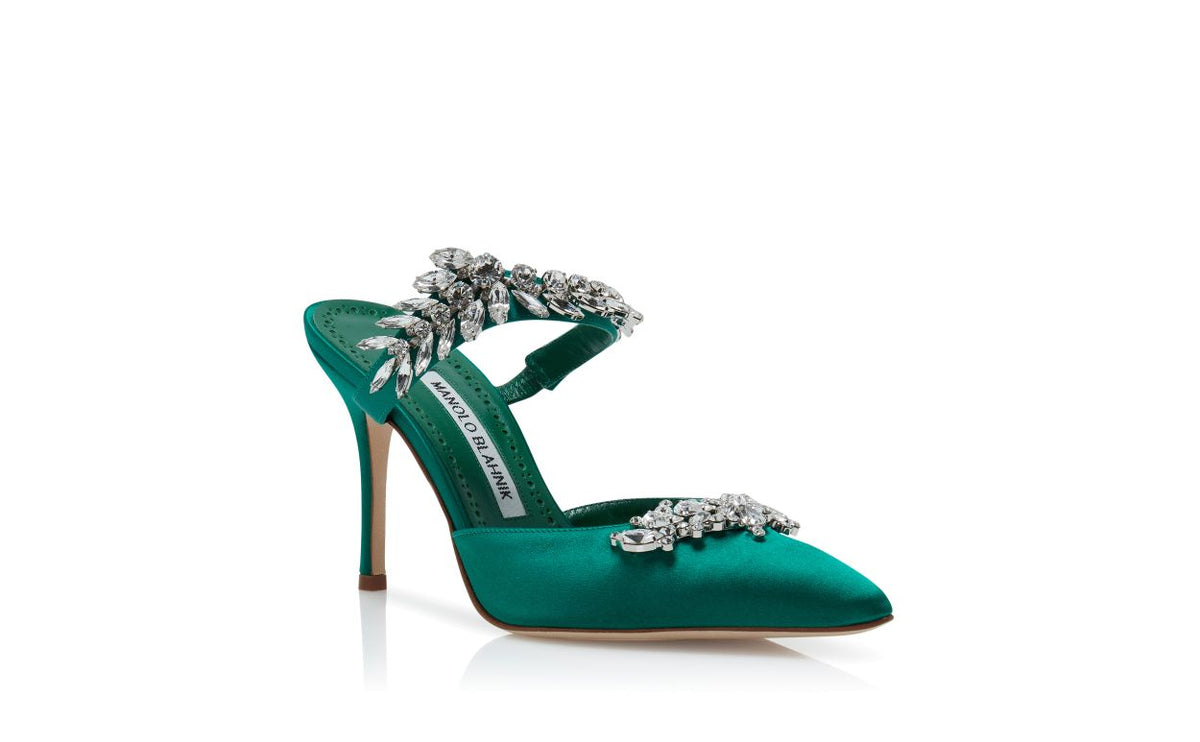 Fiorella Dawn Green Crystal Embellished Mules – top view showing green crystal embellished, pointed toe, satin, Vowalisse