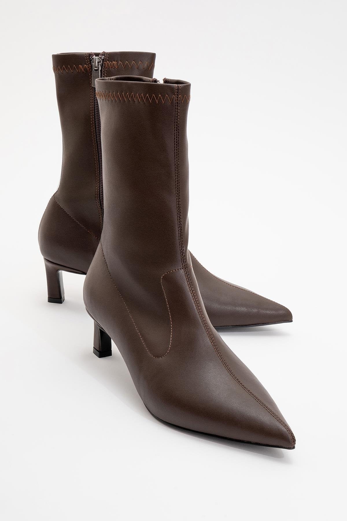Lewin Brown Pointed Toe Stiletto Boot – front three-quarter view showing leather, red, Vowalisse