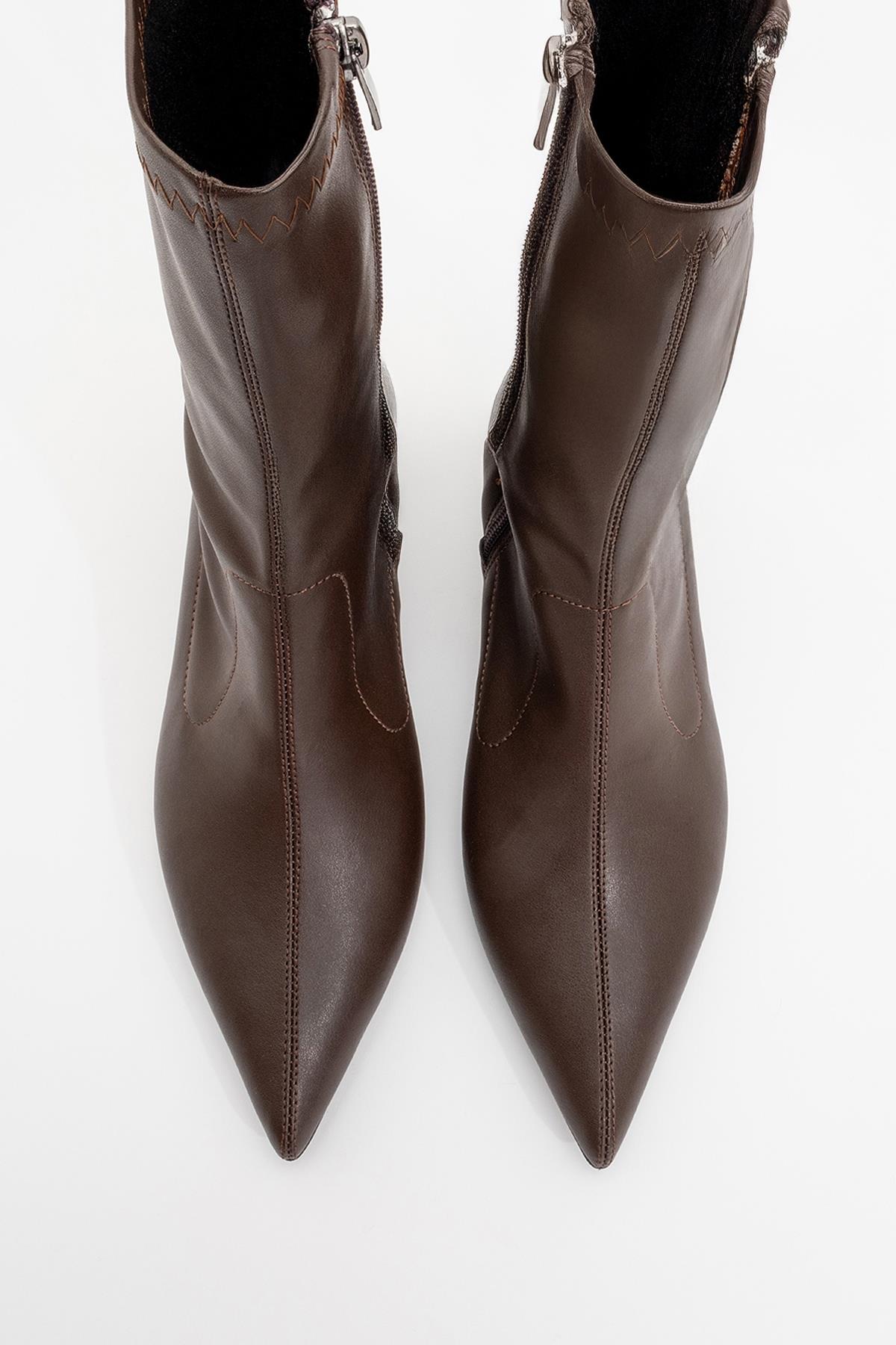 Lewin Brown Pointed Toe Stiletto Boot – side view showing leather, red, Vowalisse