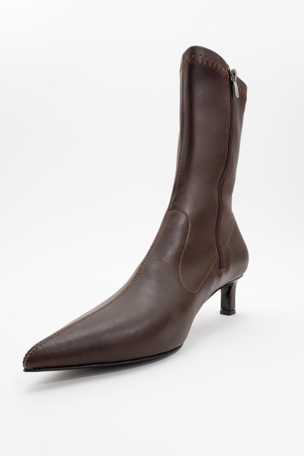 Lewin Brown Pointed Toe Stiletto Boot – detail view showing leather, red, Vowalisse