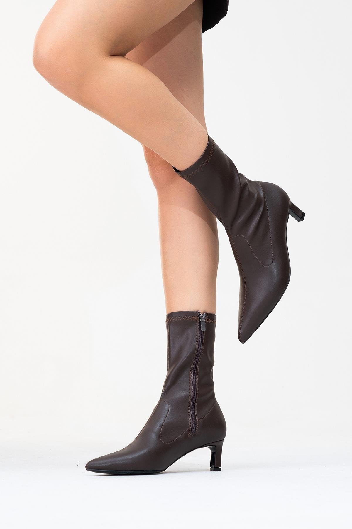 Lewin Brown Pointed Toe Stiletto Boot – pair view showing leather, red, Vowalisse