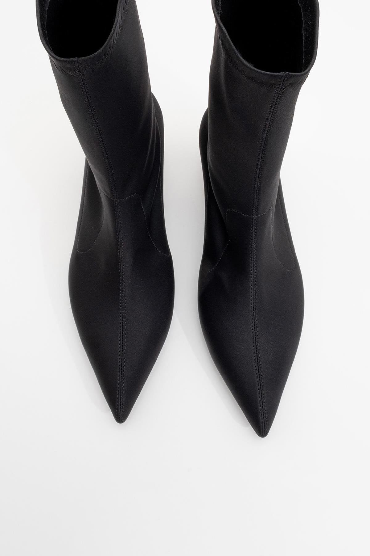 Lewin Black Stretch Pointed Toe Stiletto Boot – side view showing leather, black, red, Vowalisse