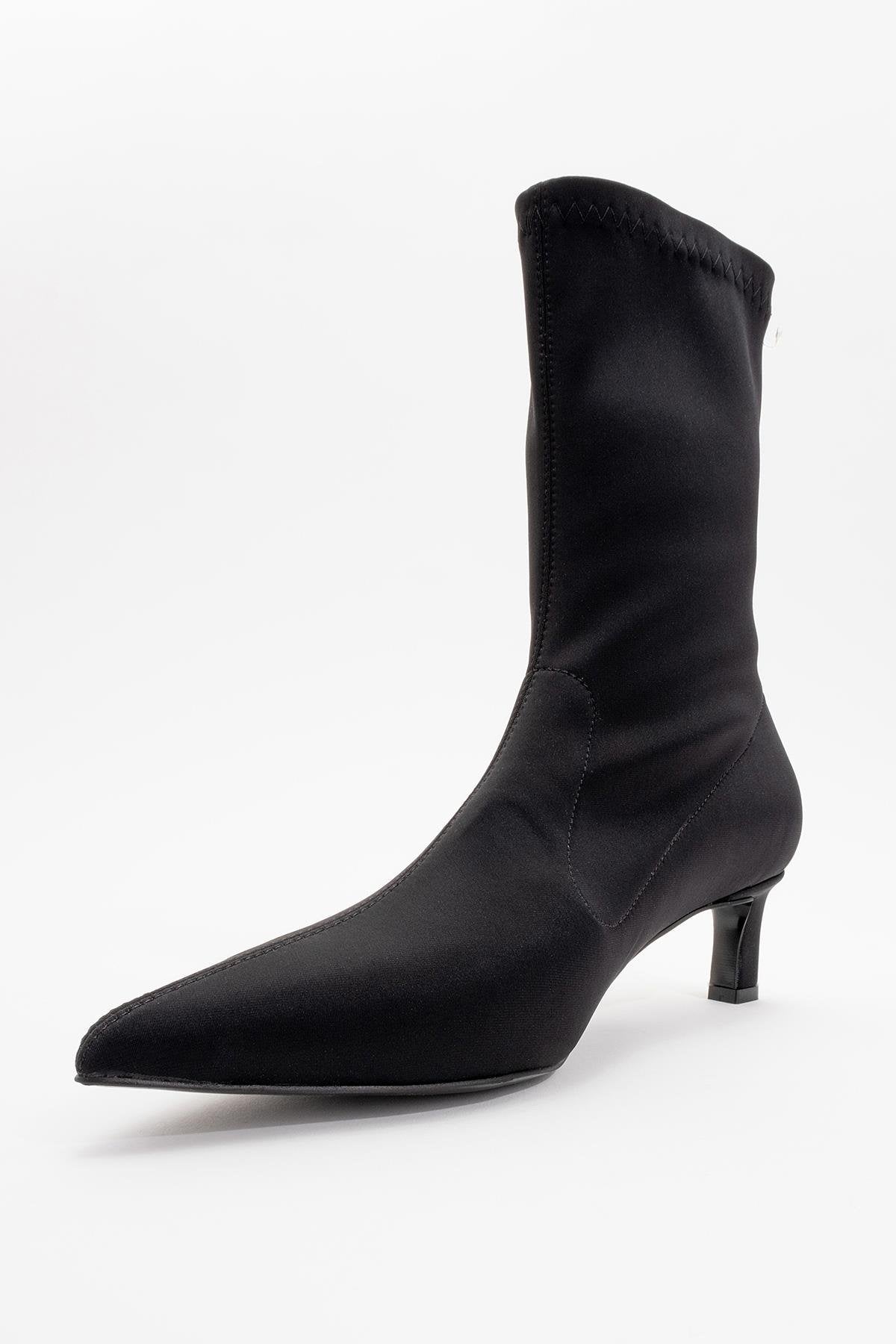 Lewin Black Stretch Pointed Toe Stiletto Boot – heel view showing leather, black, red, Vowalisse