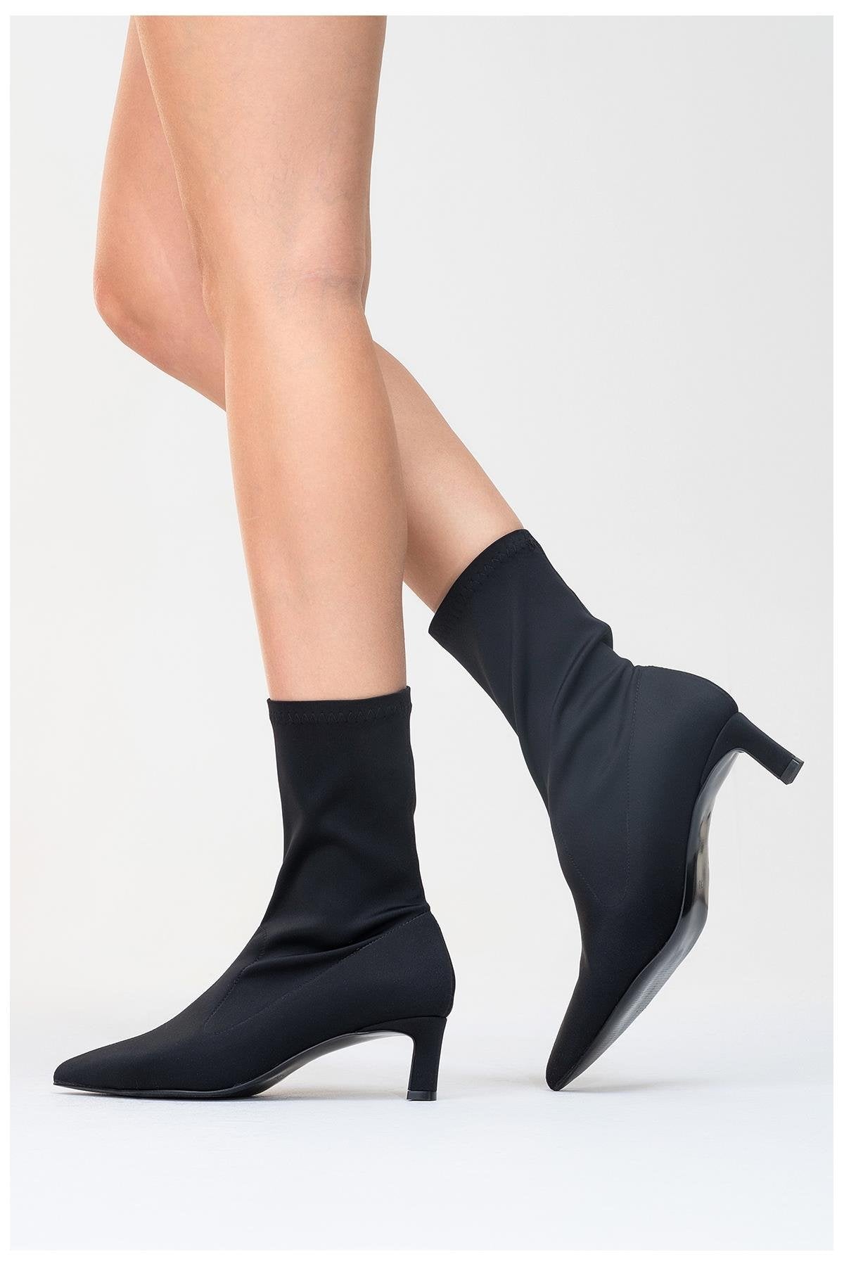 Lewin Black Stretch Pointed Toe Stiletto Boot – pair view showing leather, black, red, Vowalisse