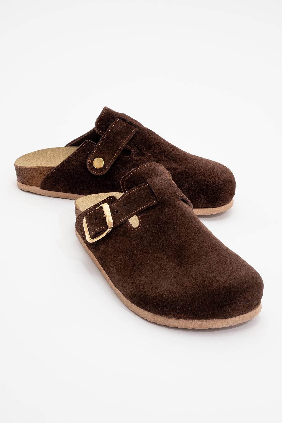 Gons - Brown Suede Leather Clogs – front three-quarter view showing leather, suede, red, Vowalisse