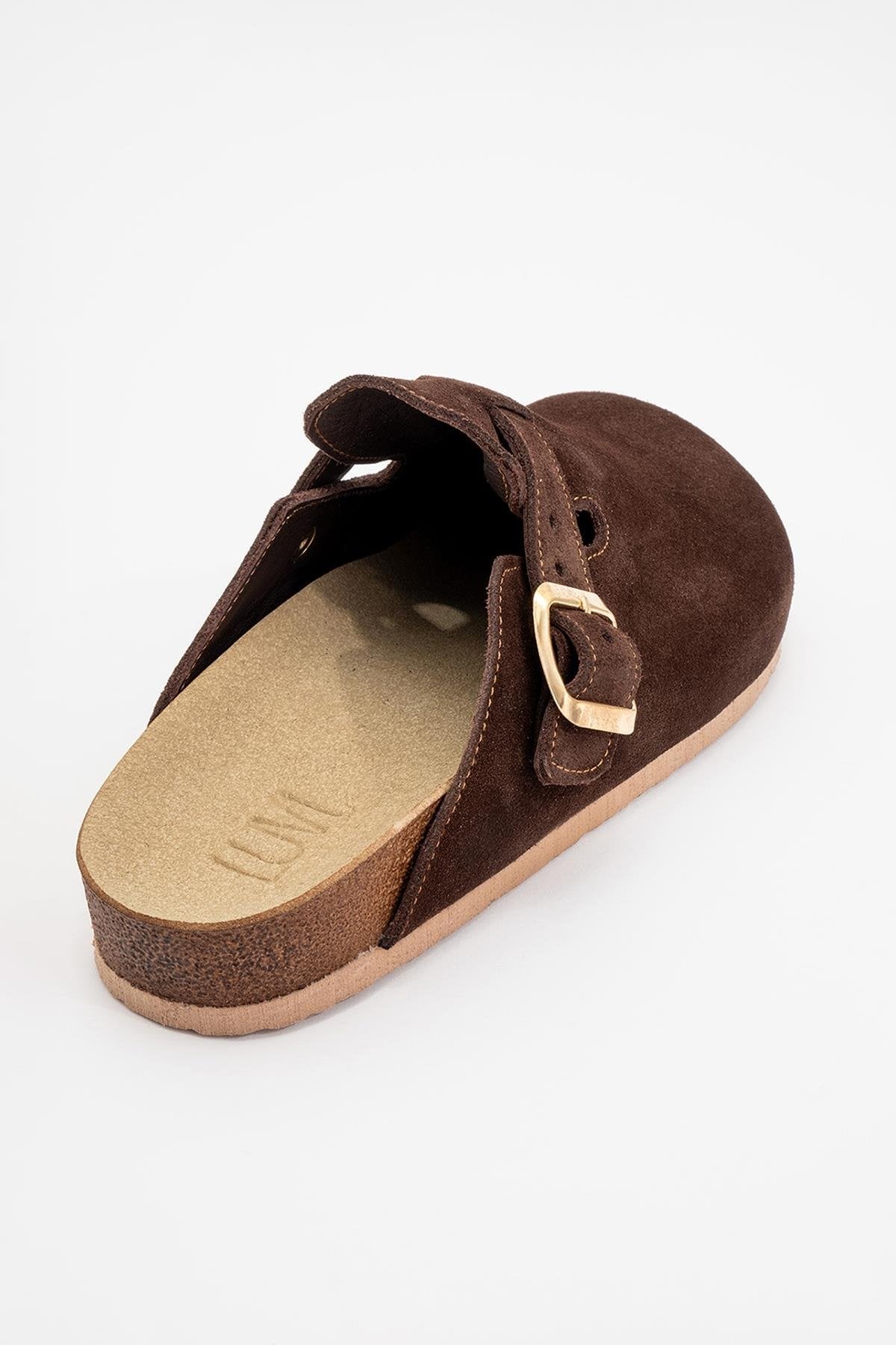 Gons - Brown Suede Leather Clogs – detail view showing leather, suede, red, Vowalisse