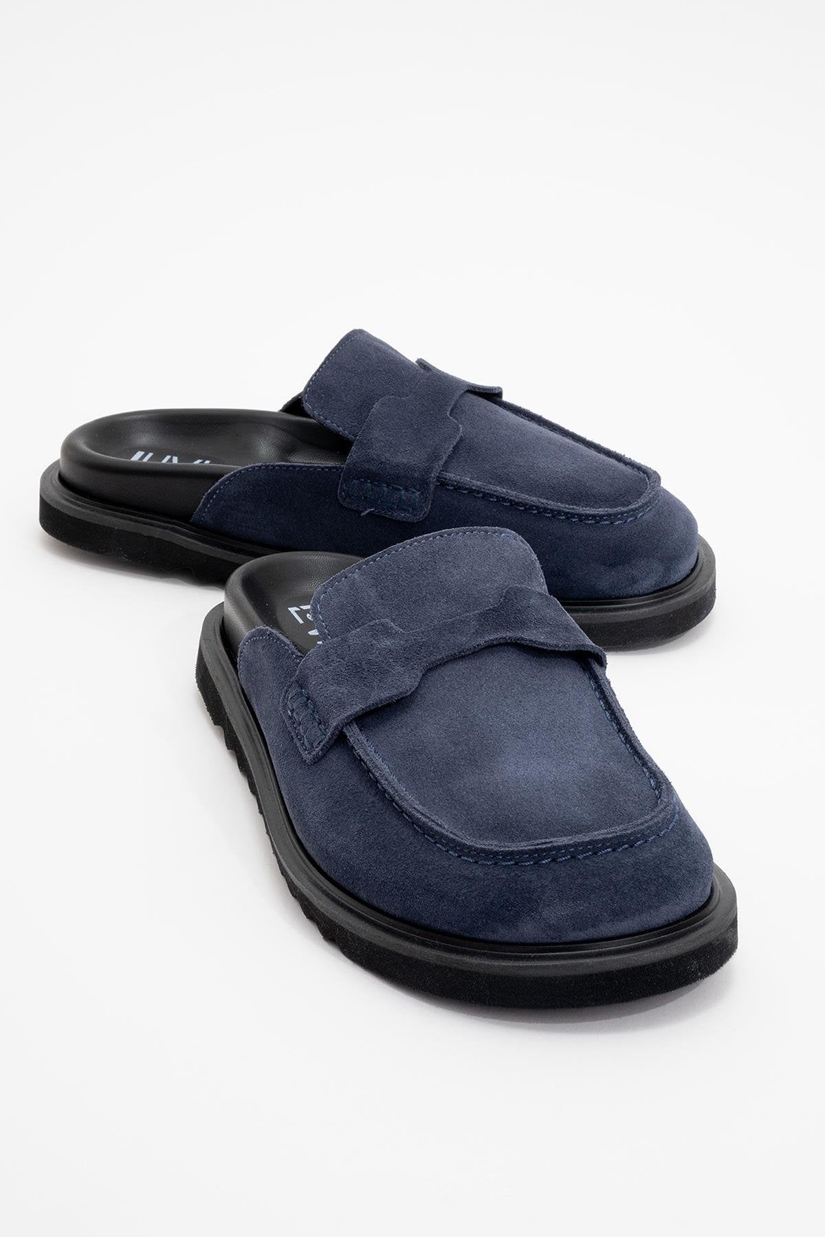 Laven - Navy Suede Leather Clogs – front three-quarter view showing leather, suede, red, Vowalisse