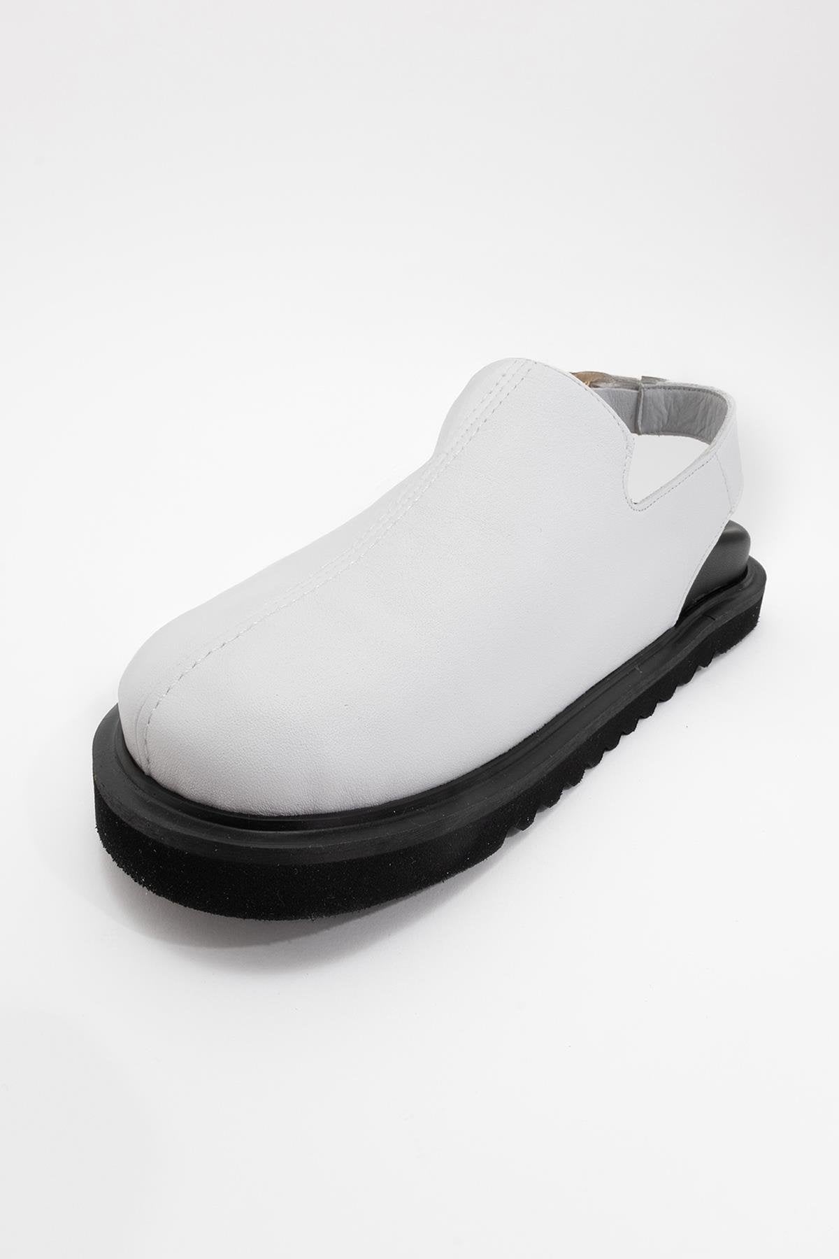 Laby - White Leather Clogs – heel view showing leather, suede, white, Vowalisse
