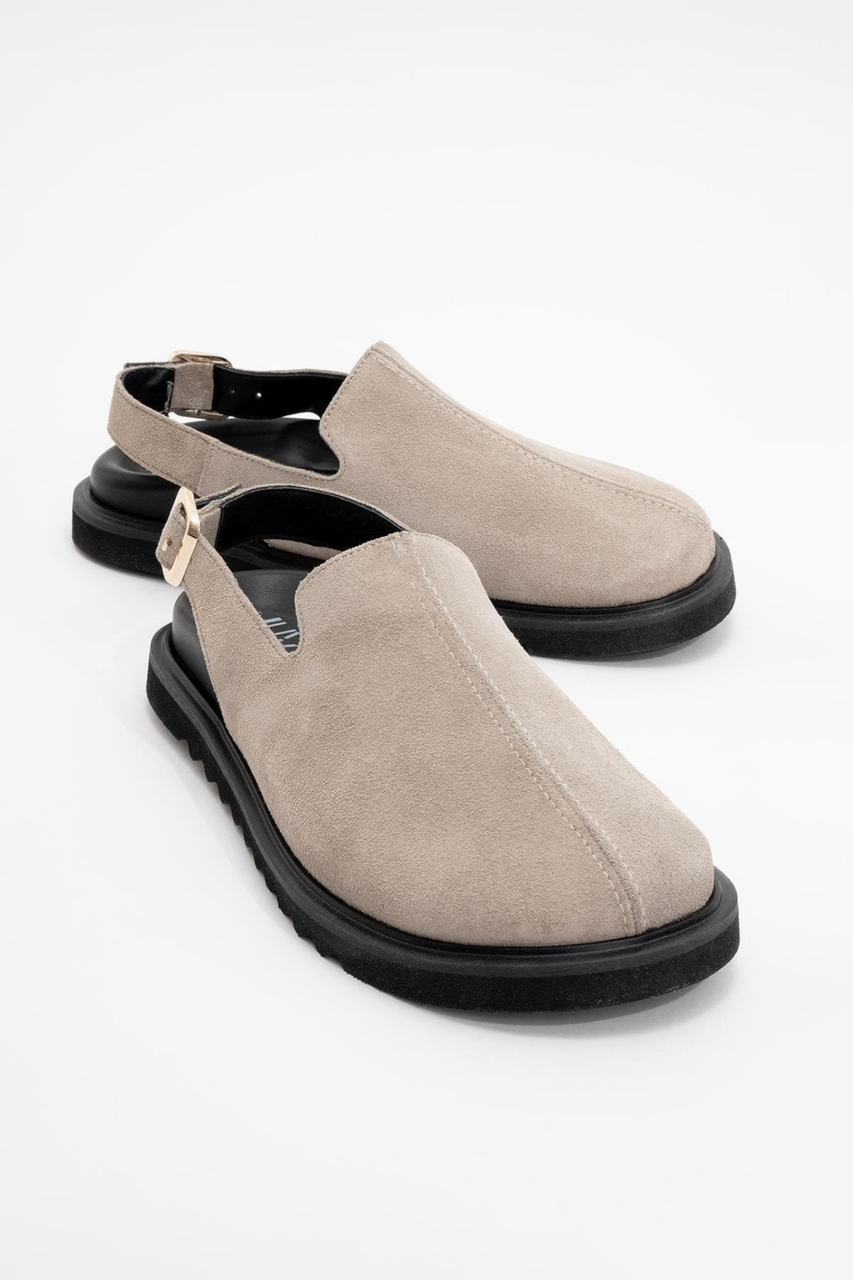 Laby - Beige suede Leather Clogs – front three-quarter view showing leather, suede, red, Vowalisse
