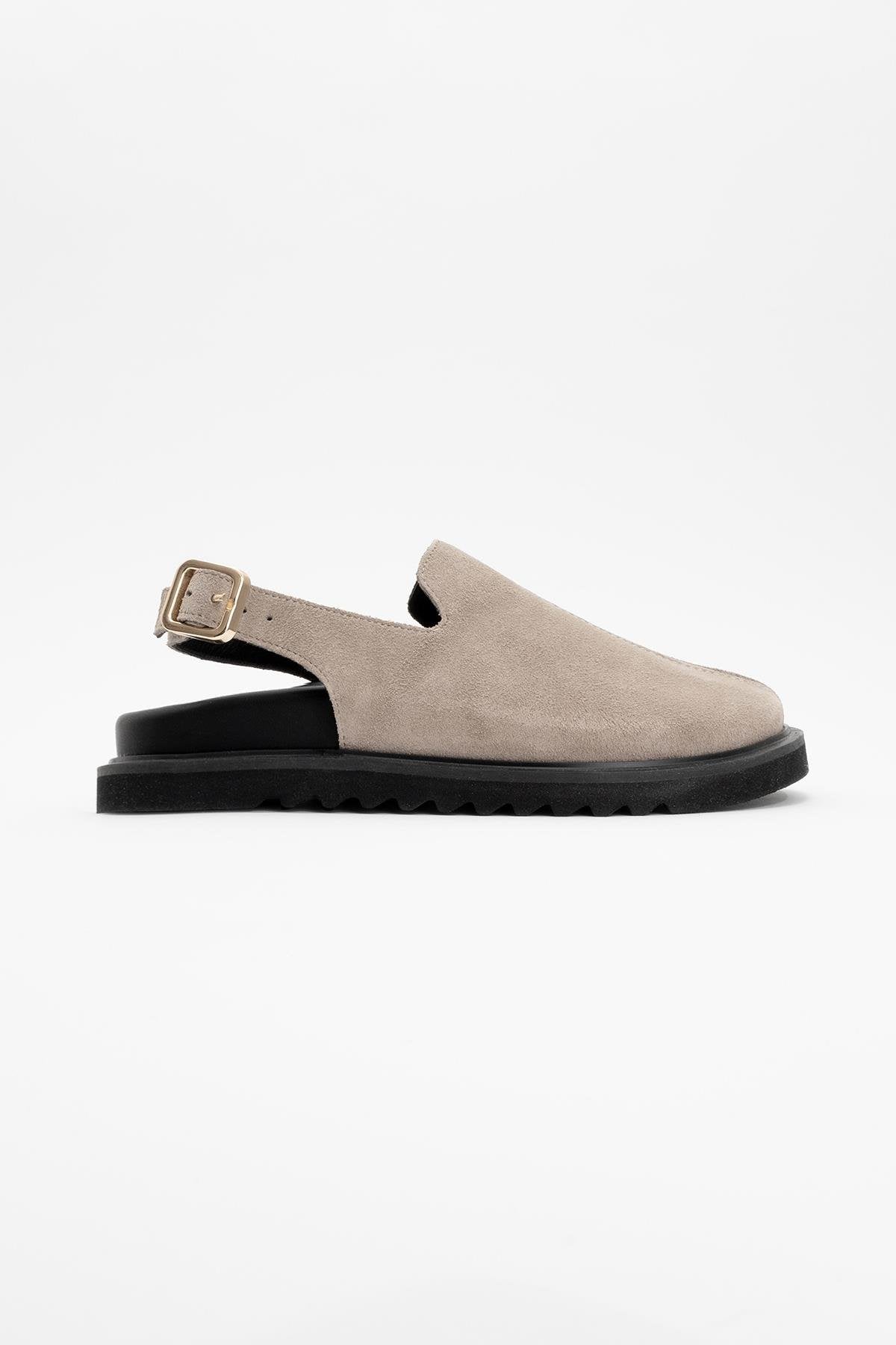 Laby - Beige suede Leather Clogs – back view showing leather, suede, red, Vowalisse