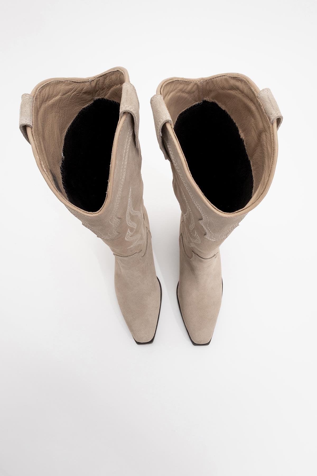 Pietro - Beige Suede Genuine Leather Western Boot – side view showing leather, suede, Vowalisse