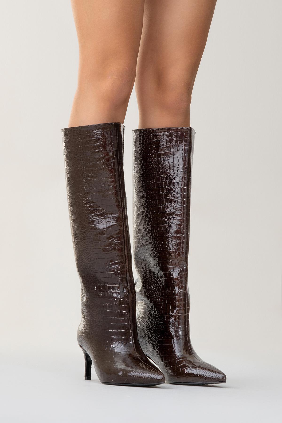 Cassandra Brown Pattern High‑Heel Boot – product view 10 showing leather, red, Vowalisse