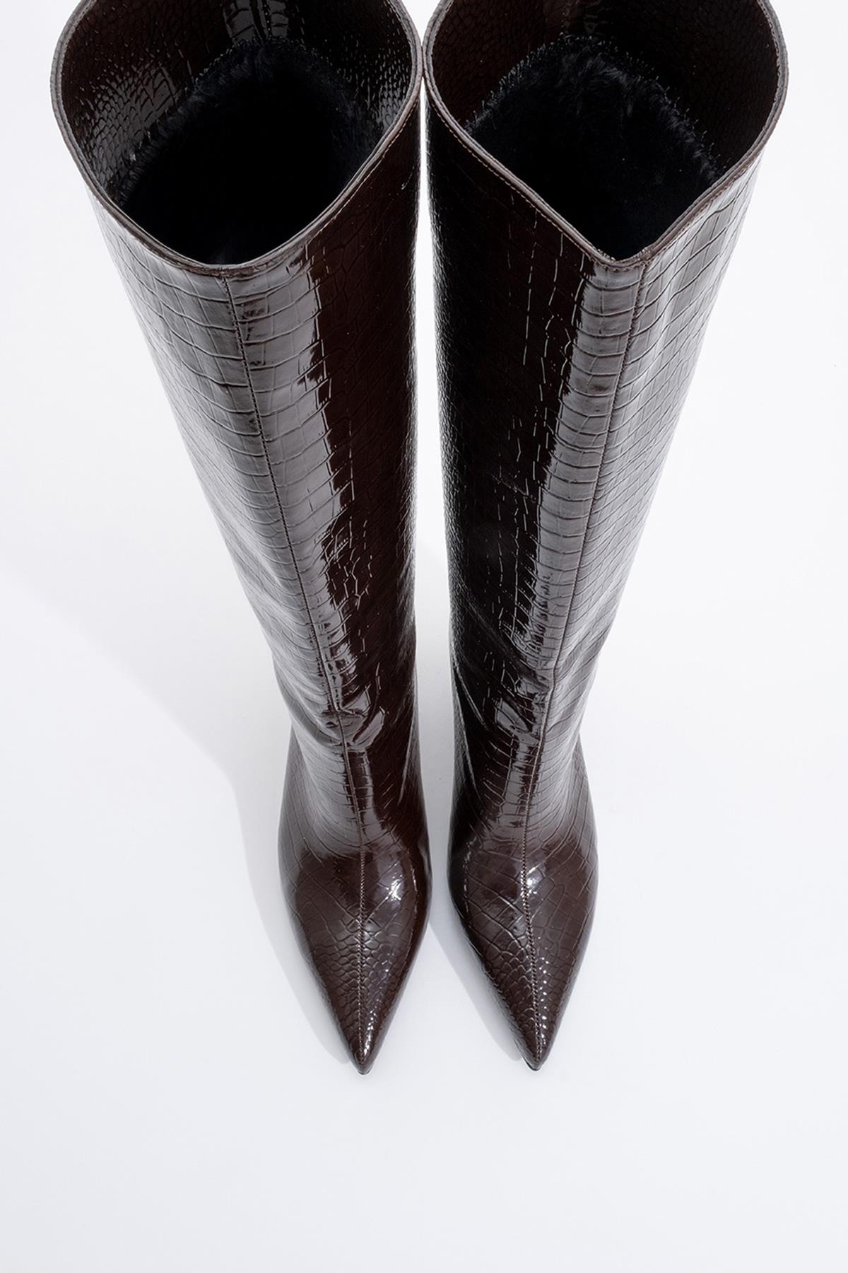 Cassandra Brown Pattern High‑Heel Boot – side view showing leather, red, Vowalisse