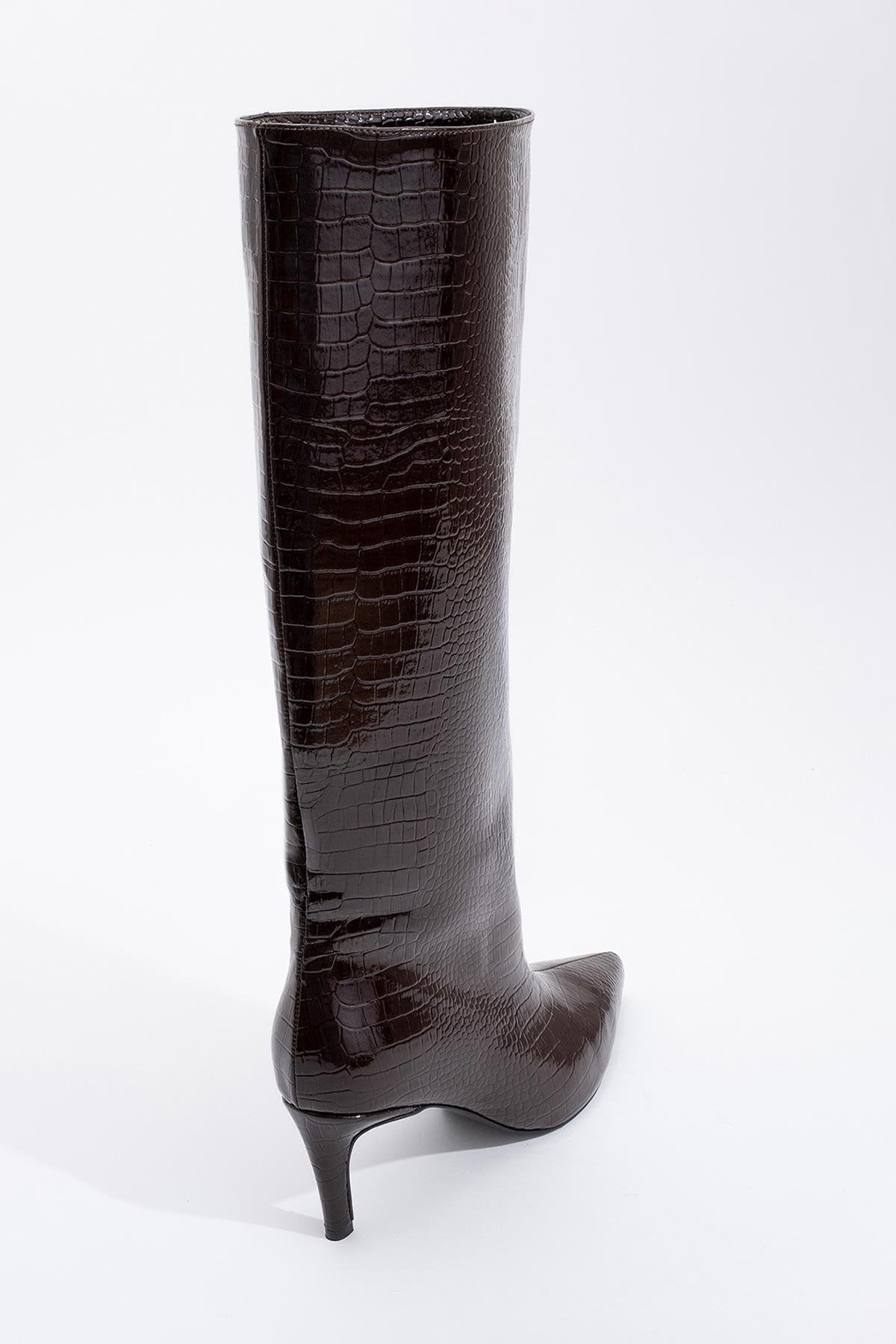 Cassandra Brown Pattern High‑Heel Boot – detail view showing leather, red, Vowalisse