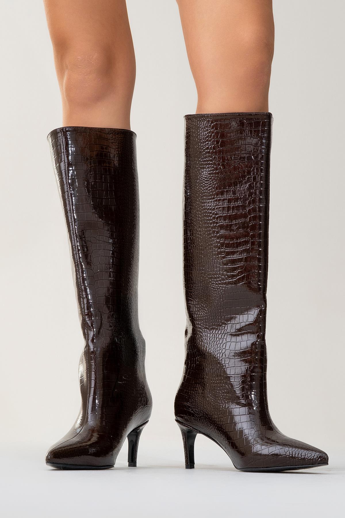 Cassandra Brown Pattern High‑Heel Boot – sole view showing leather, red, Vowalisse