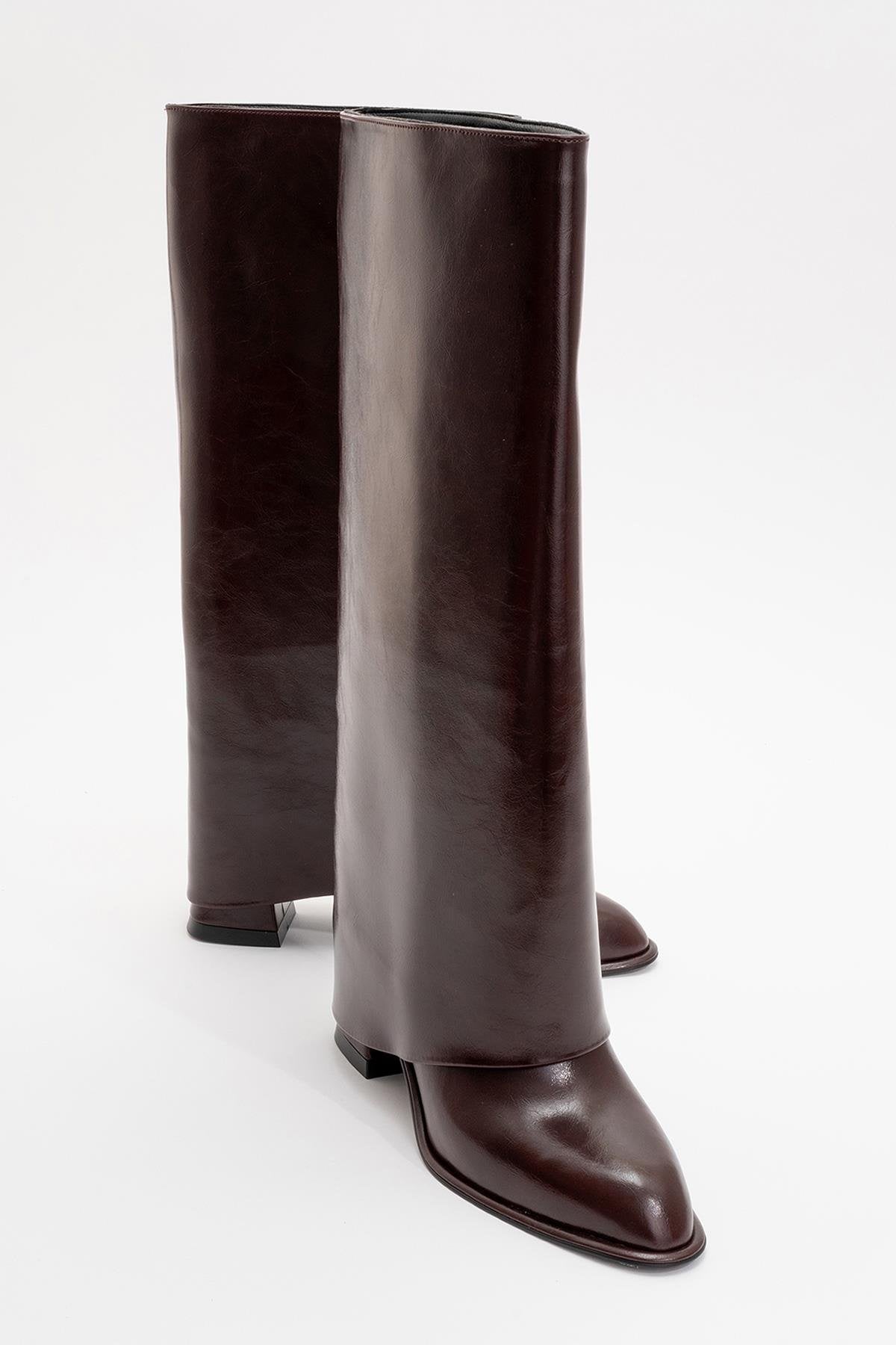 Maybe Burgundy Chunky Heel Boot – front three-quarter view showing leather, red, Vowalisse