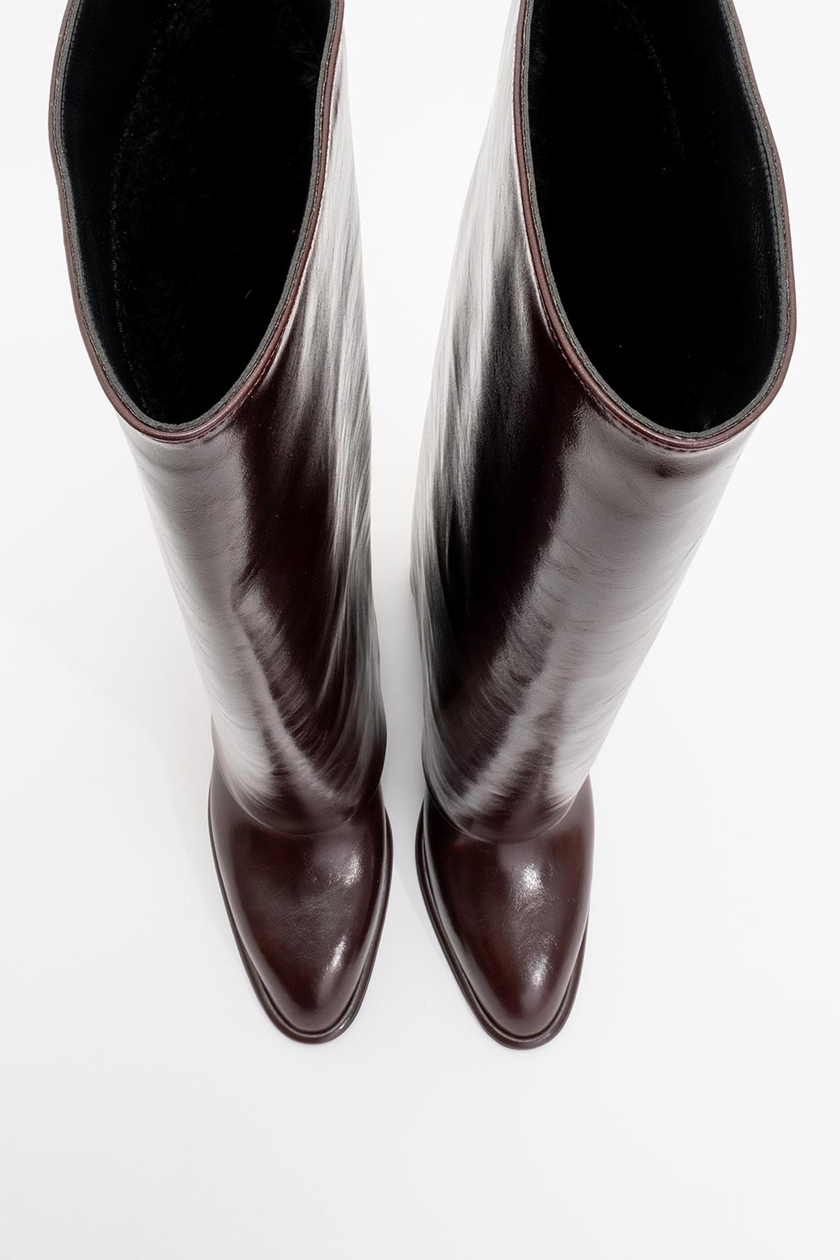 Maybe Burgundy Chunky Heel Boot – side view showing leather, red, Vowalisse