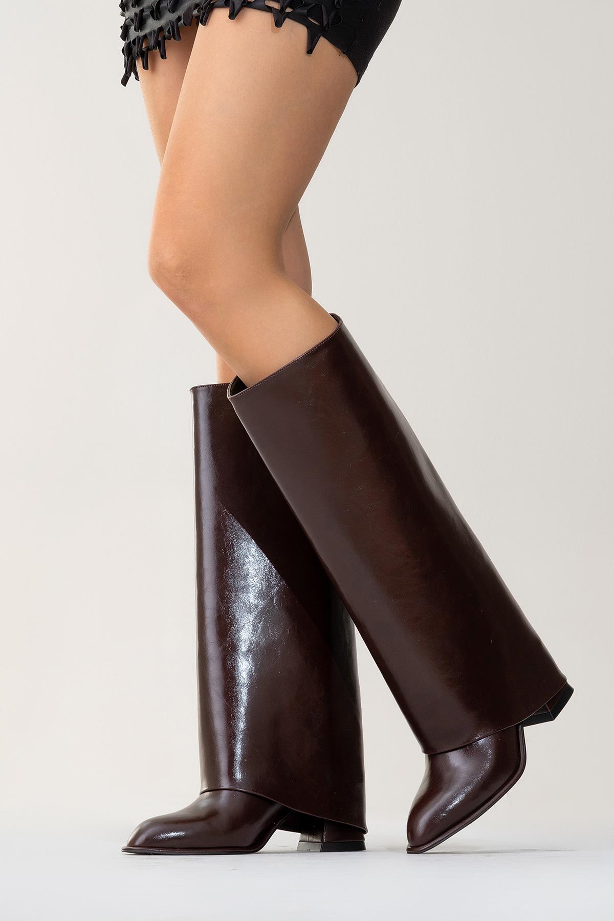Maybe Burgundy Chunky Heel Boot – top view showing leather, red, Vowalisse