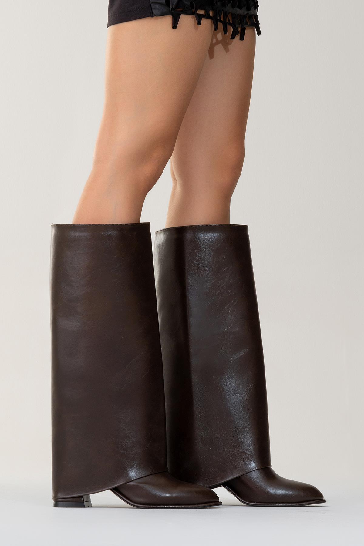 Maybe Brown Chunky Heel Boot – top view showing leather, red, Vowalisse