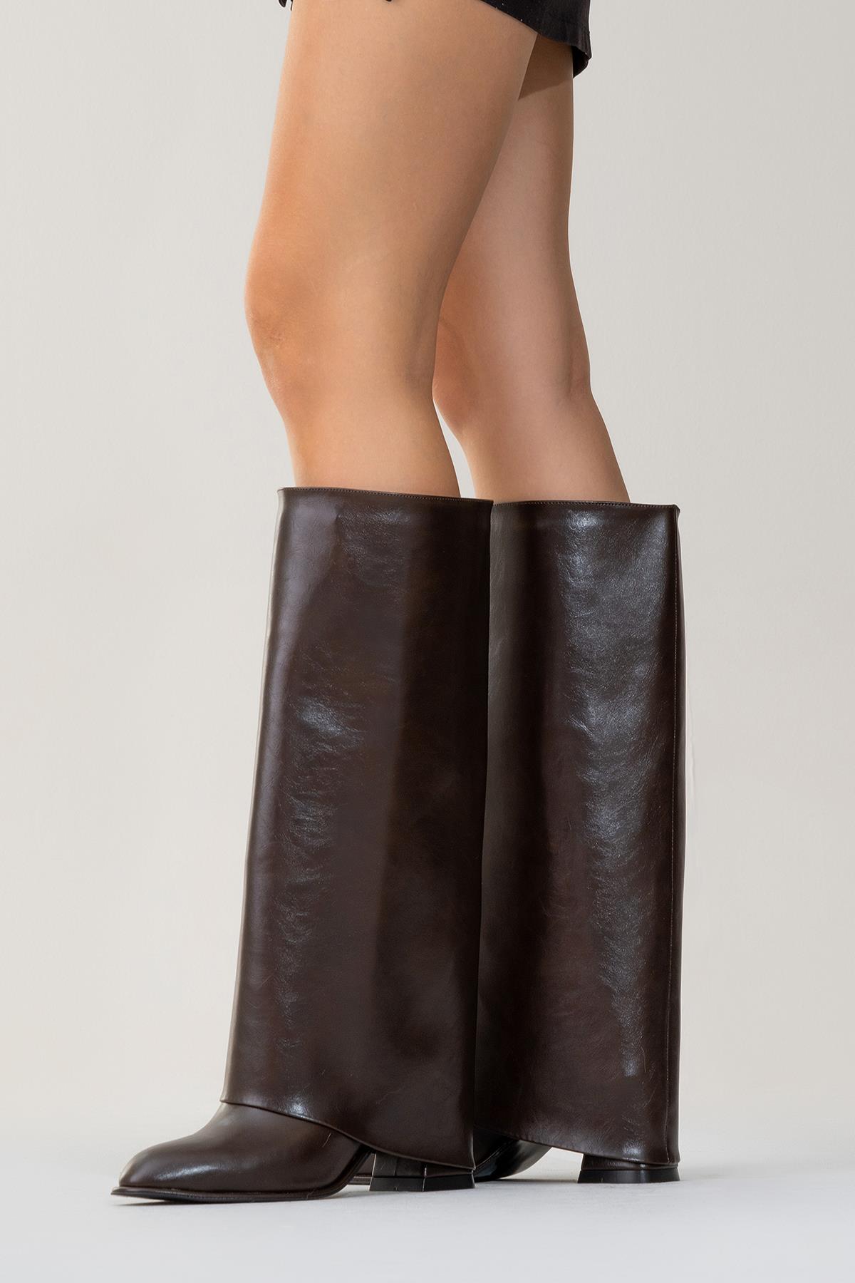 Maybe Brown Chunky Heel Boot – sole view showing leather, red, Vowalisse